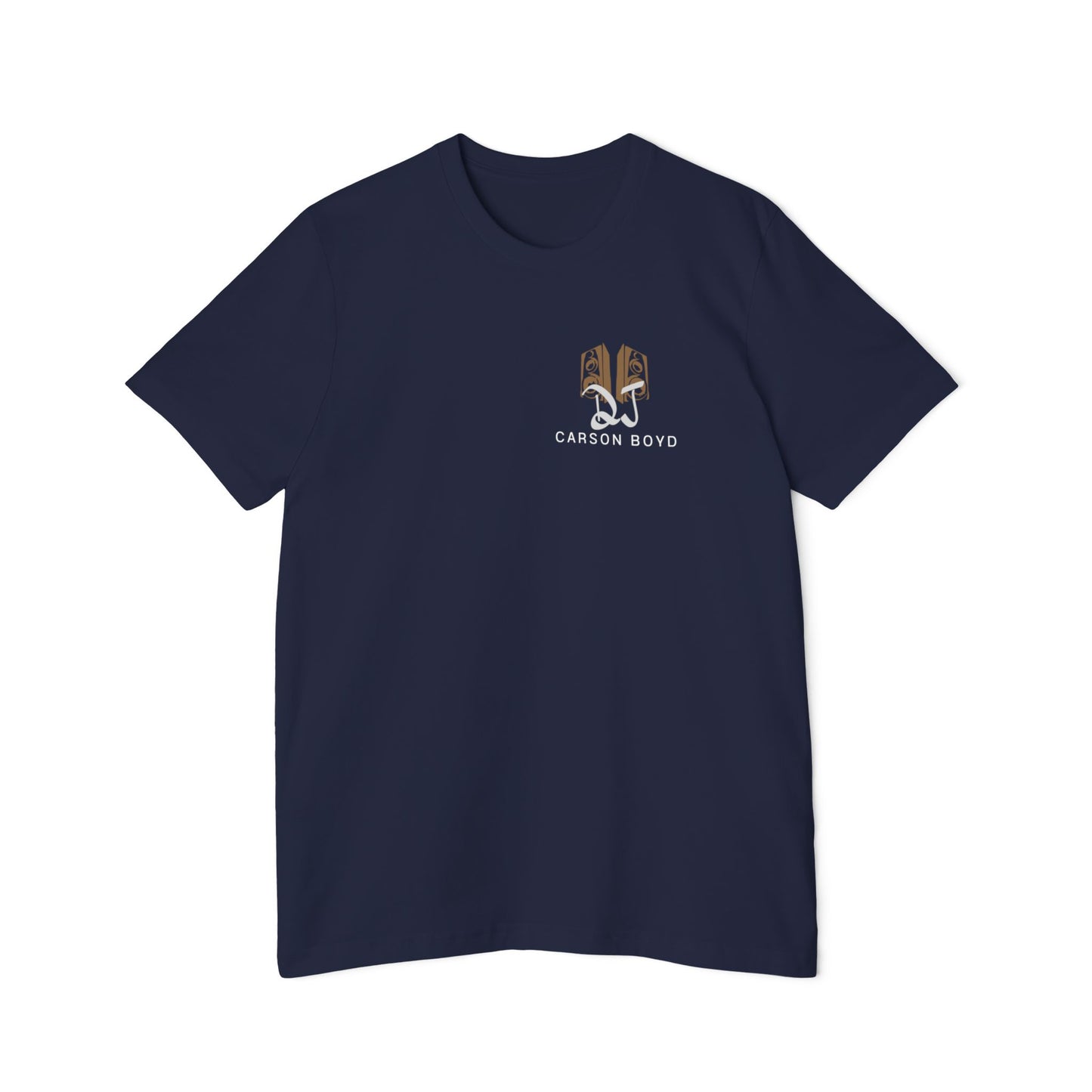 Navy short-sleeve tee front with tan "DJ" horns logo and "Carson Boyd" on left chest