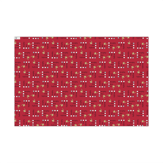 Flat red Christmas gift wrap with repeating "Naughty", "Nice", "67", checkmarks, green elves