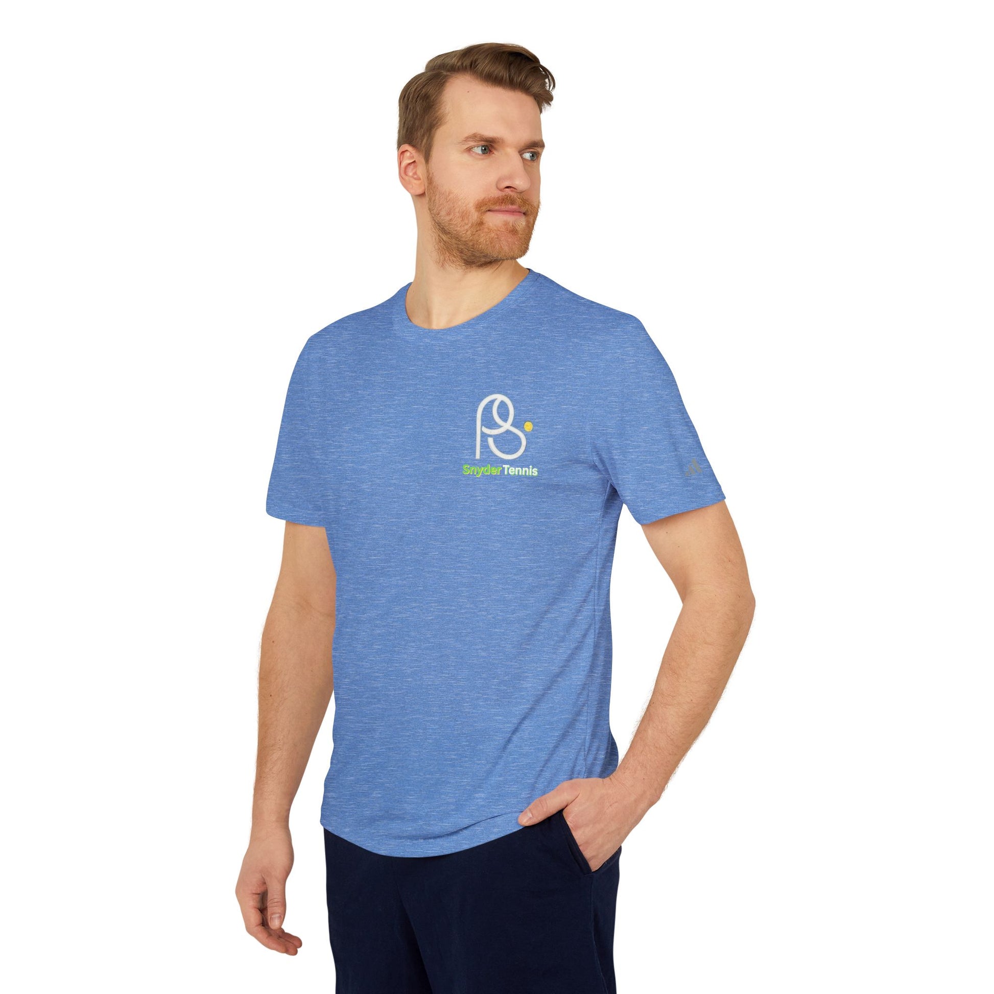 Male model side-front in Collegiate Royal Heather Coach Pete Snyder performance T-shirt, HT green racket sleeve logo pops