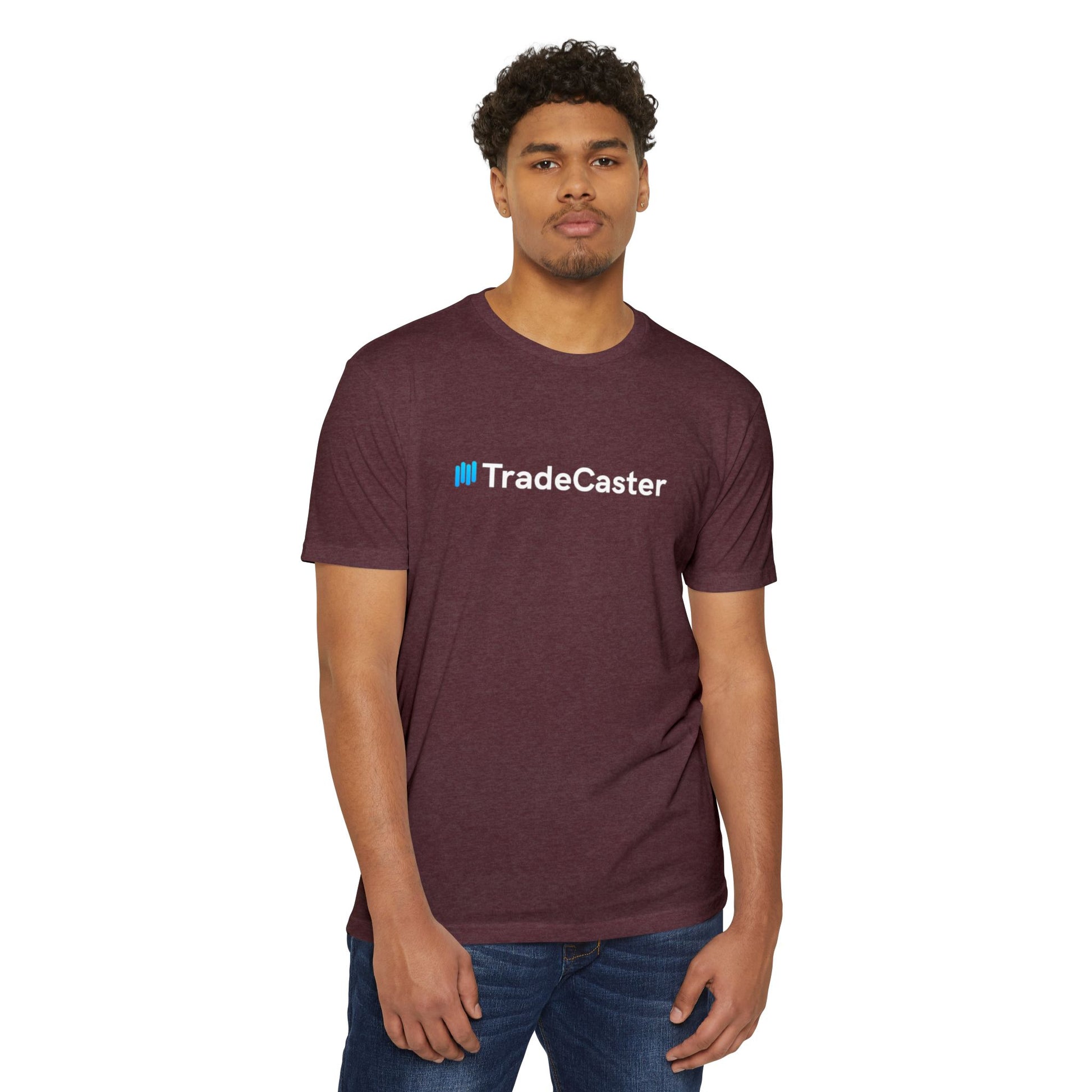 Male model front view in maroon heather TradeCaster unisex jersey t-shirt, blue and white logo centered