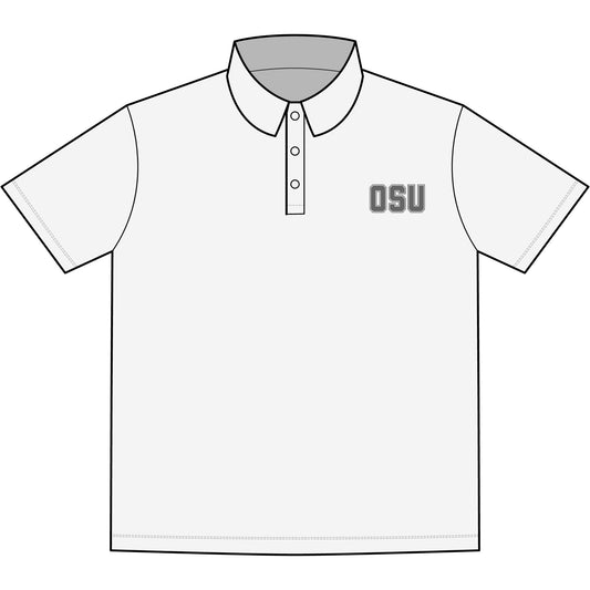 Front view of white OSU men's stretch jersey polo, gray "OSU" embroidery on chest, 3-button placket, collared short sleeve