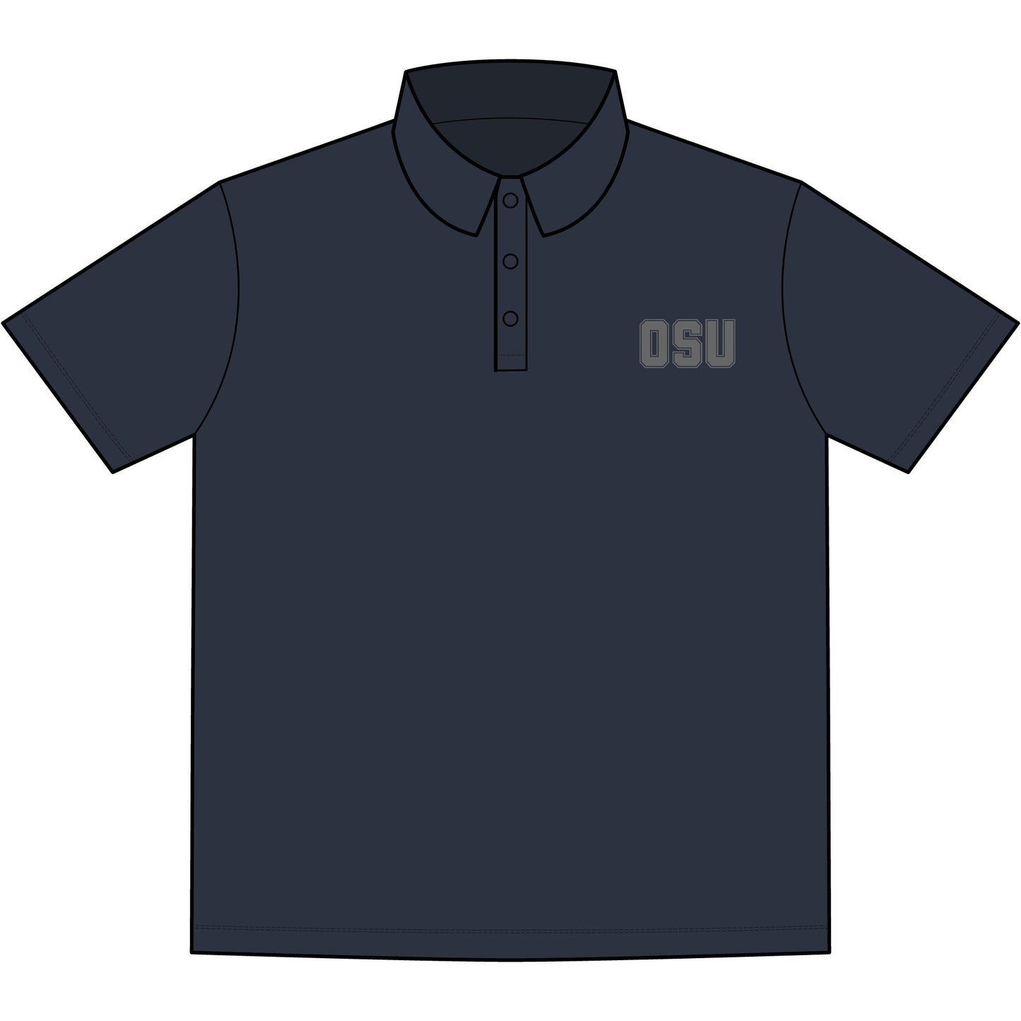 Front view of navy OSU men's stretch jersey polo, gray "OSU" embroidery on chest, 3-button placket, collared short sleeve