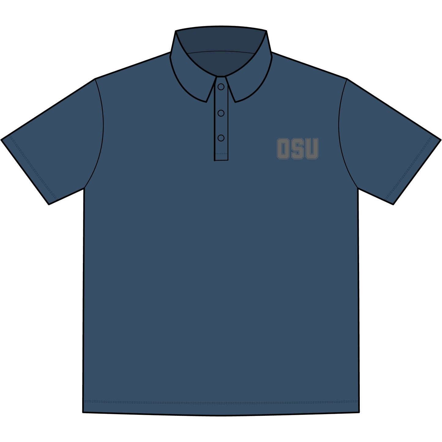 Front view of medium blue OSU men's stretch jersey polo, gray "OSU" embroidery on chest, 3-button placket, collared short sleeve