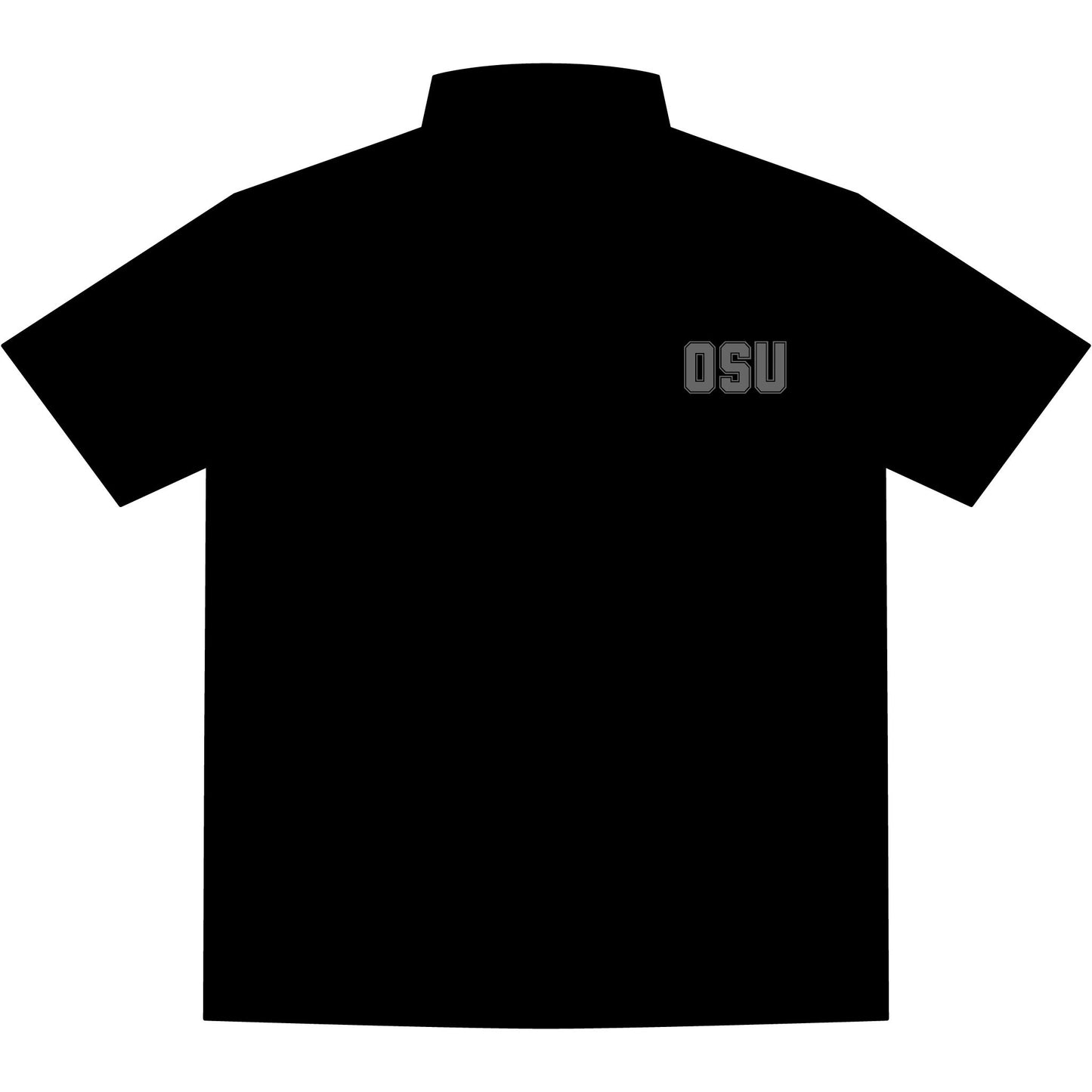 Front view of black OSU men's stretch jersey polo, gray "OSU" embroidery on chest, 3-button placket, collared short sleeve
