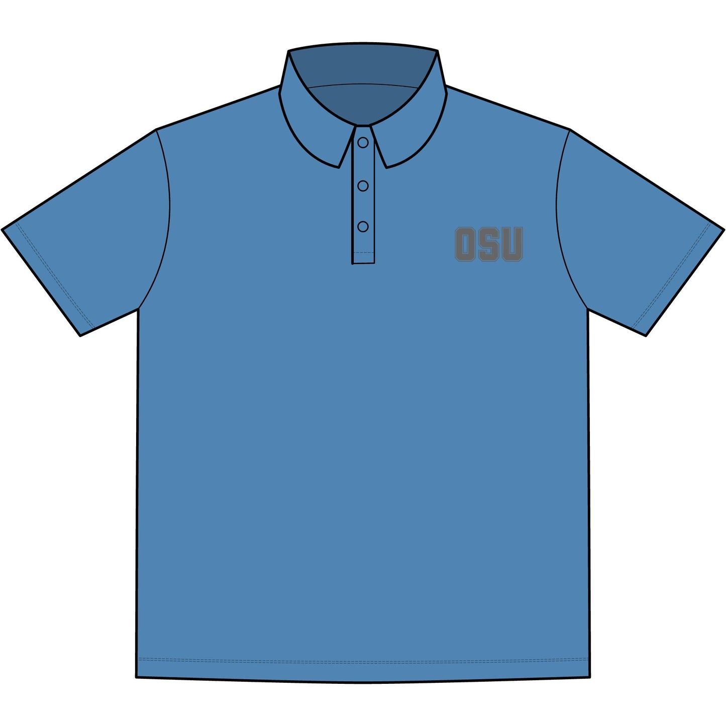 Front view of light blue OSU men's stretch jersey polo, gray "OSU" embroidery on chest, 3-button placket, collared short sleeve