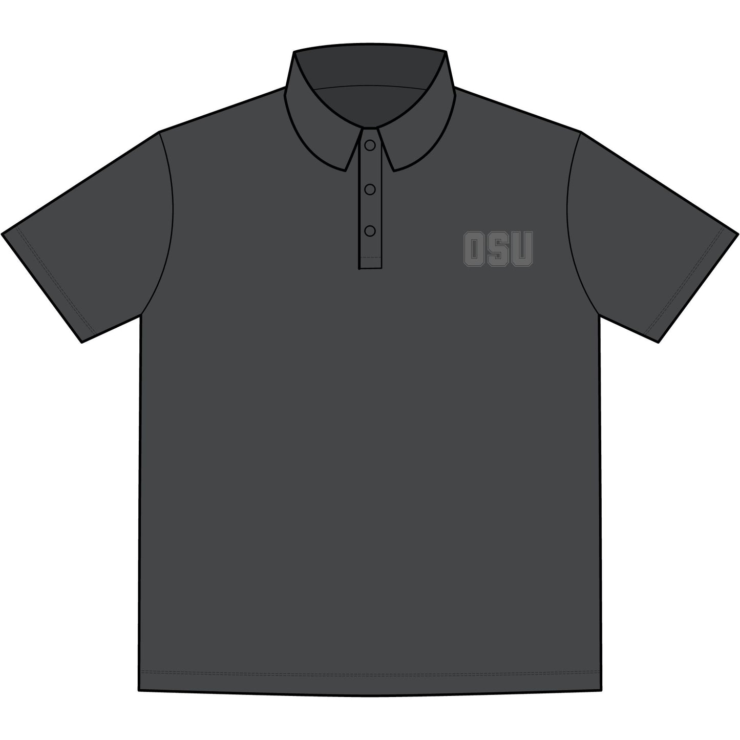 Front view of light gray OSU men's stretch jersey polo, gray "OSU" embroidery on chest, 3-button placket, collared short sleeve
