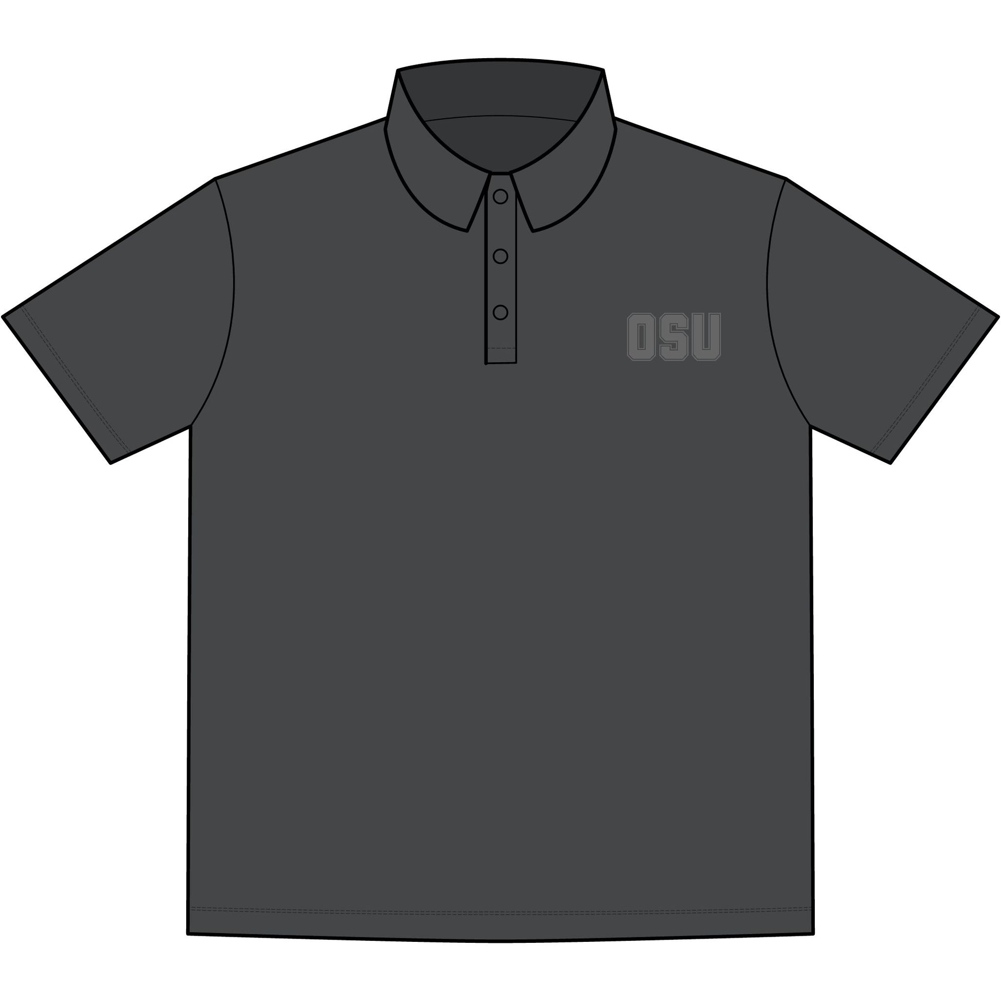 Front view of light gray OSU men's stretch jersey polo, gray "OSU" embroidery on chest, 3-button placket, collared short sleeve