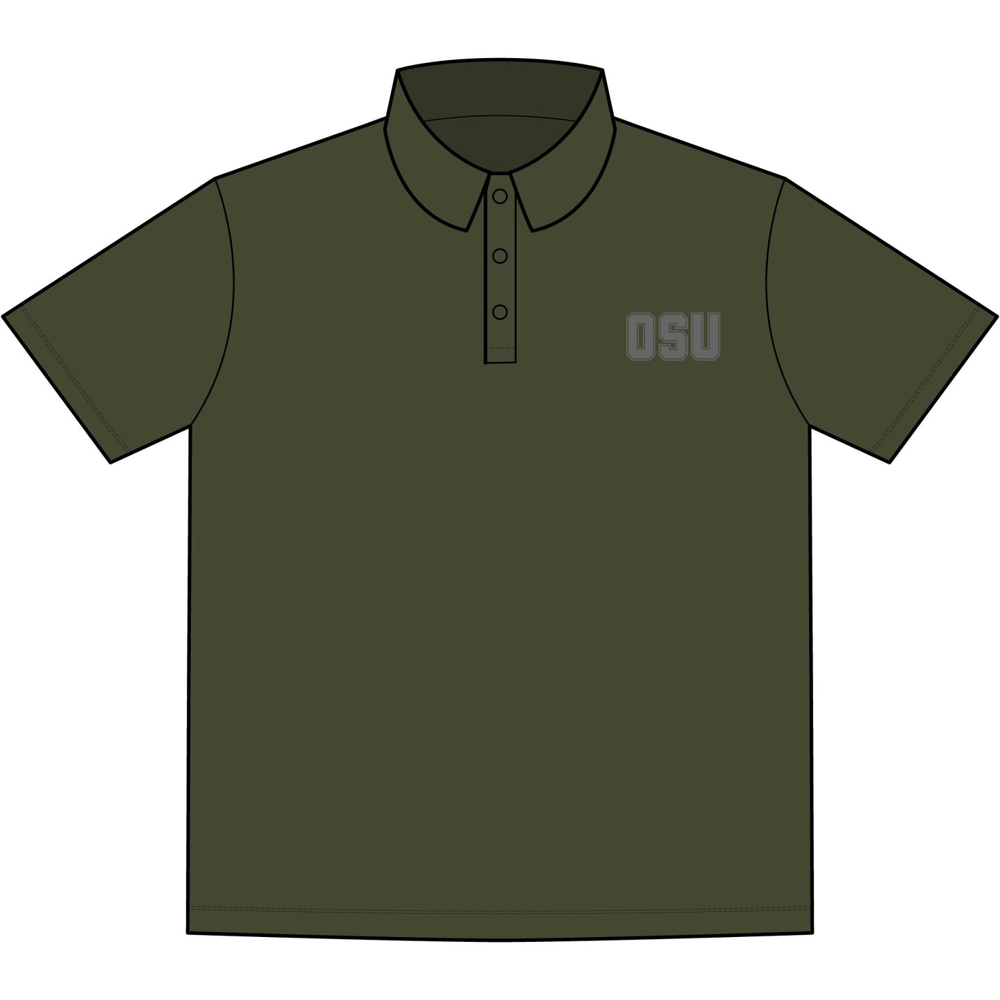 Front view of green OSU men's stretch jersey polo, gray "OSU" embroidery on chest, 3-button placket, collared short sleeve