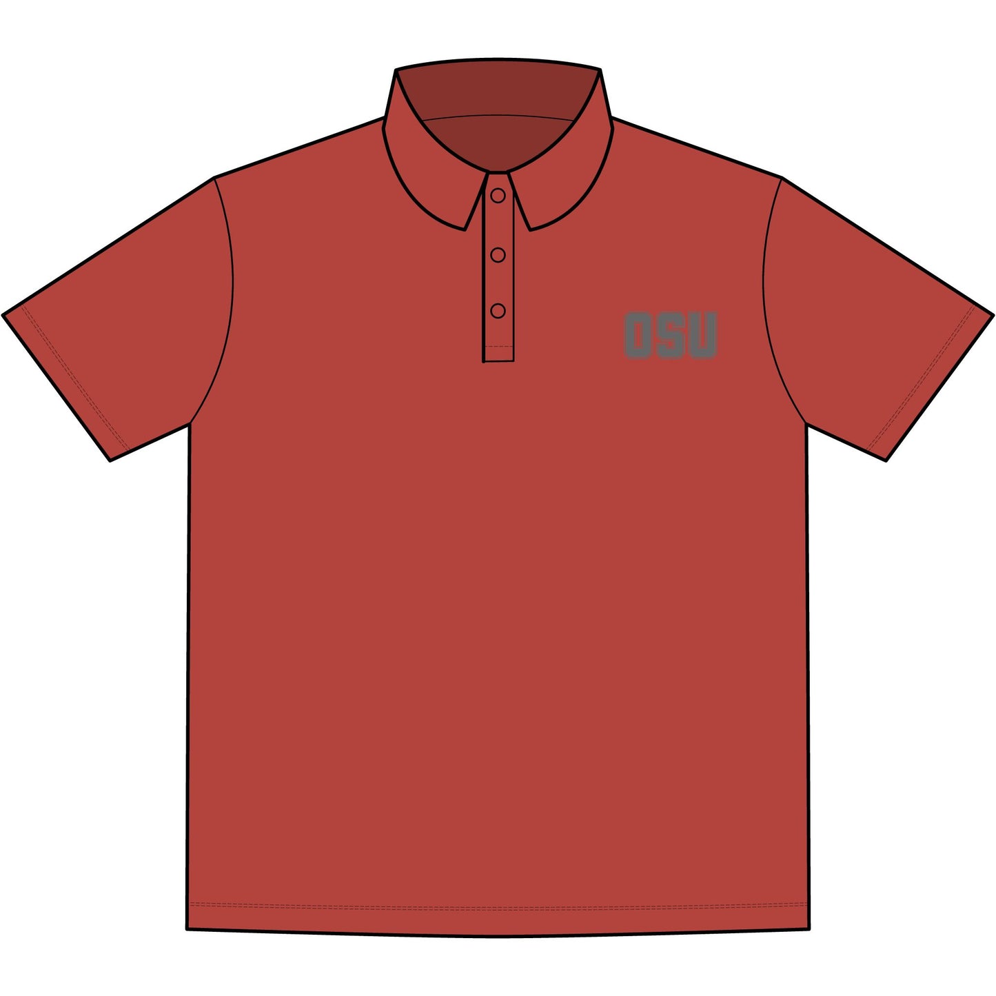 Front view of terracotta OSU men's stretch jersey polo, gray "OSU" embroidery on chest, 3-button placket, collared short sleeve