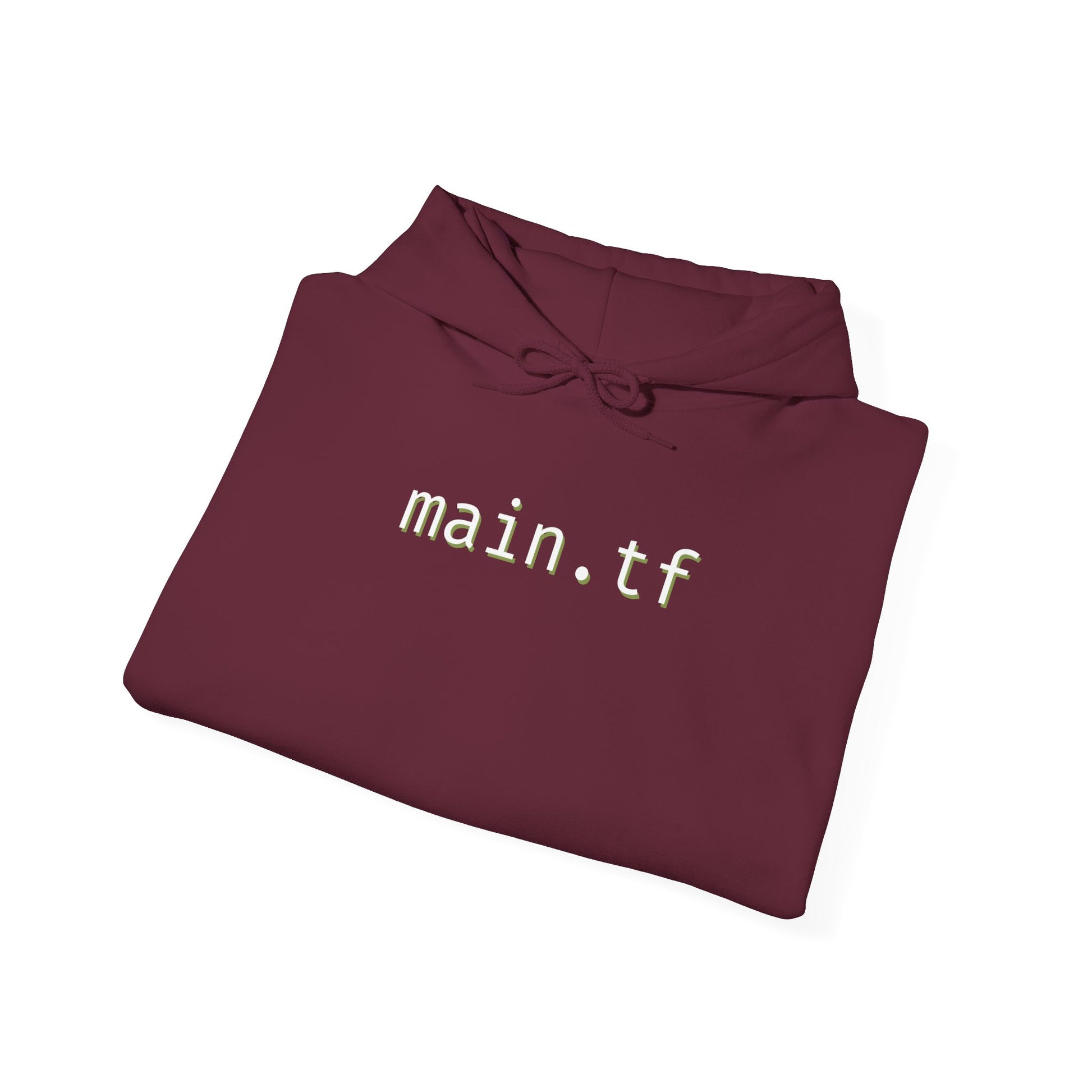 Folded maroon hoodie front with clean white "main.tf" print centered on chest