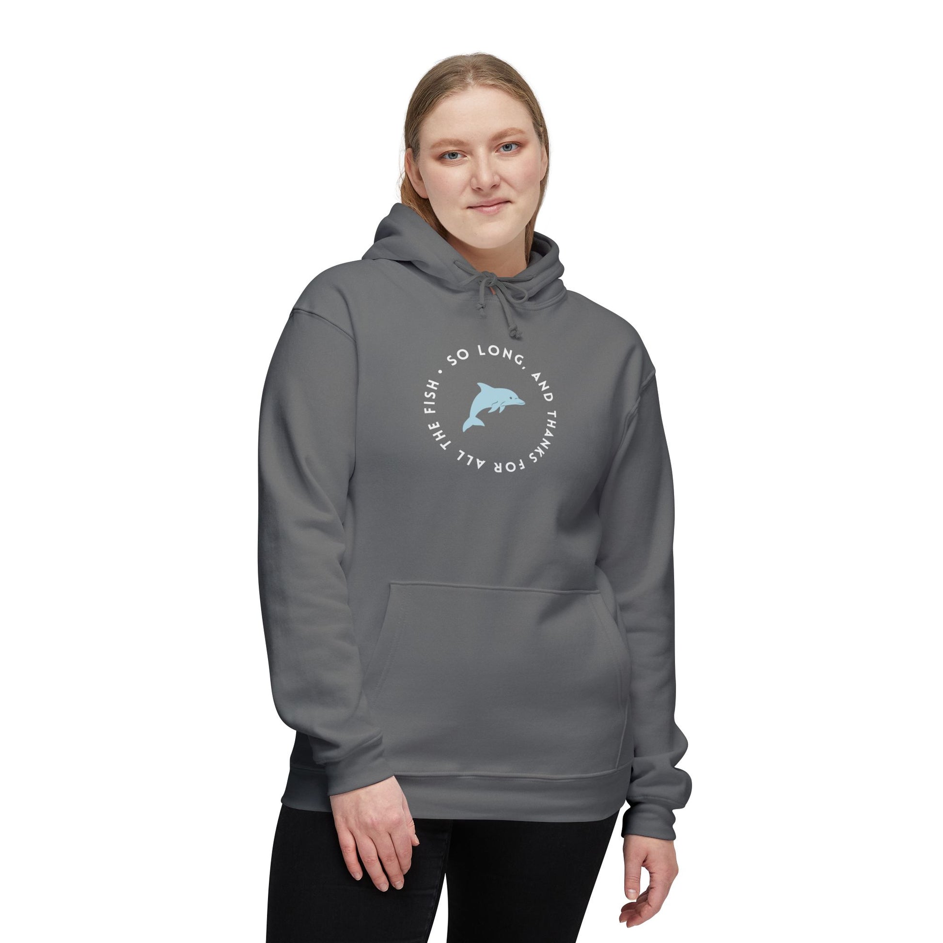 Female model rocking front view of charcoal gray hoodie with circular dolphin "So long..." send-off print
