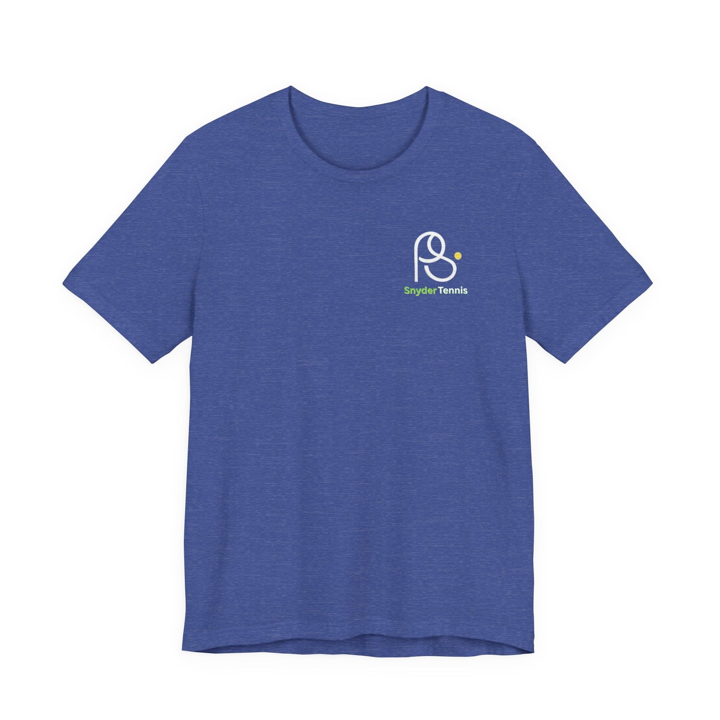 Flat front of heather navy tee, small chest logo "P•" with green "Pete Tennis" — subtle serve starter