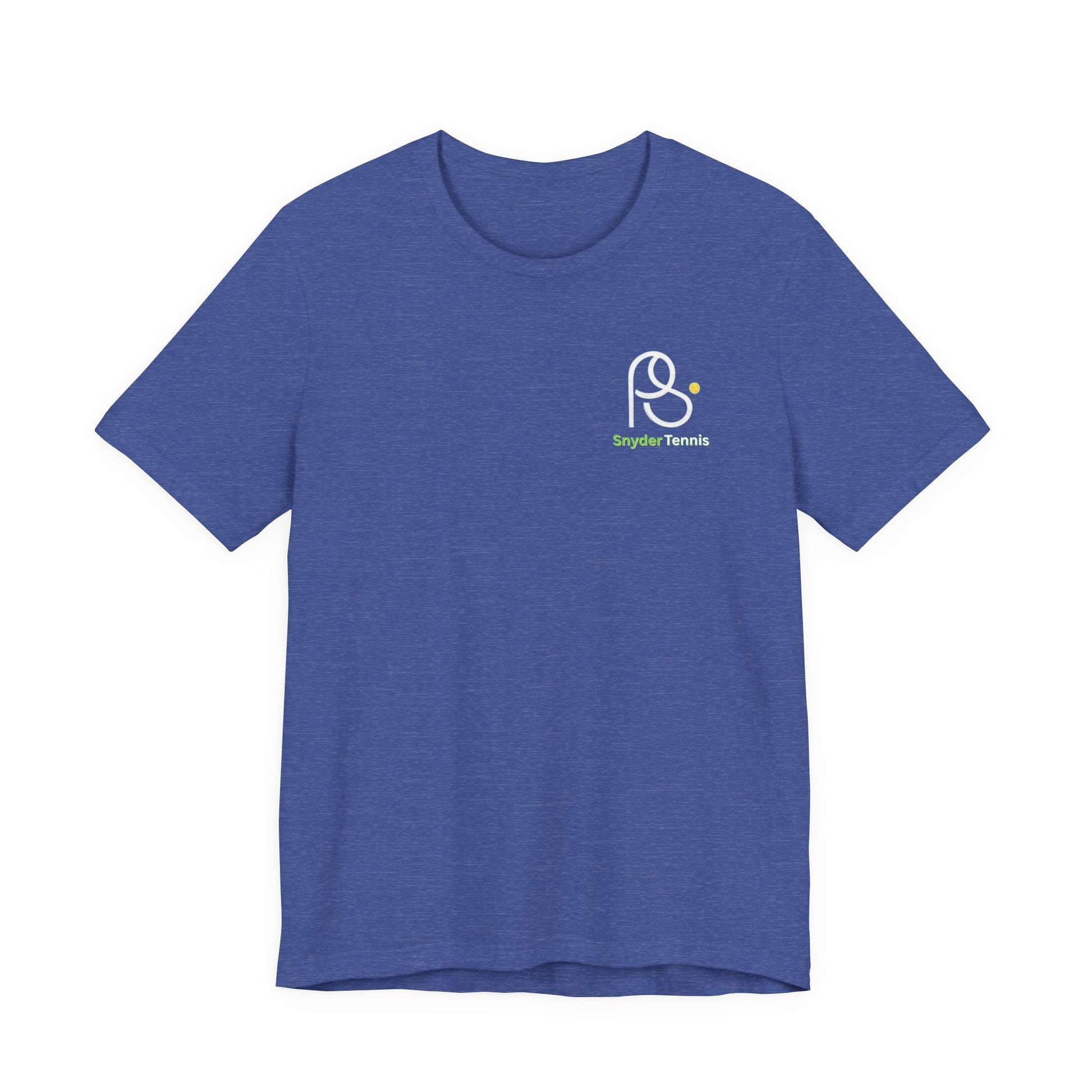 Flat front of heather navy tee, small chest logo "P•" with green "Pete Tennis" — subtle serve starter