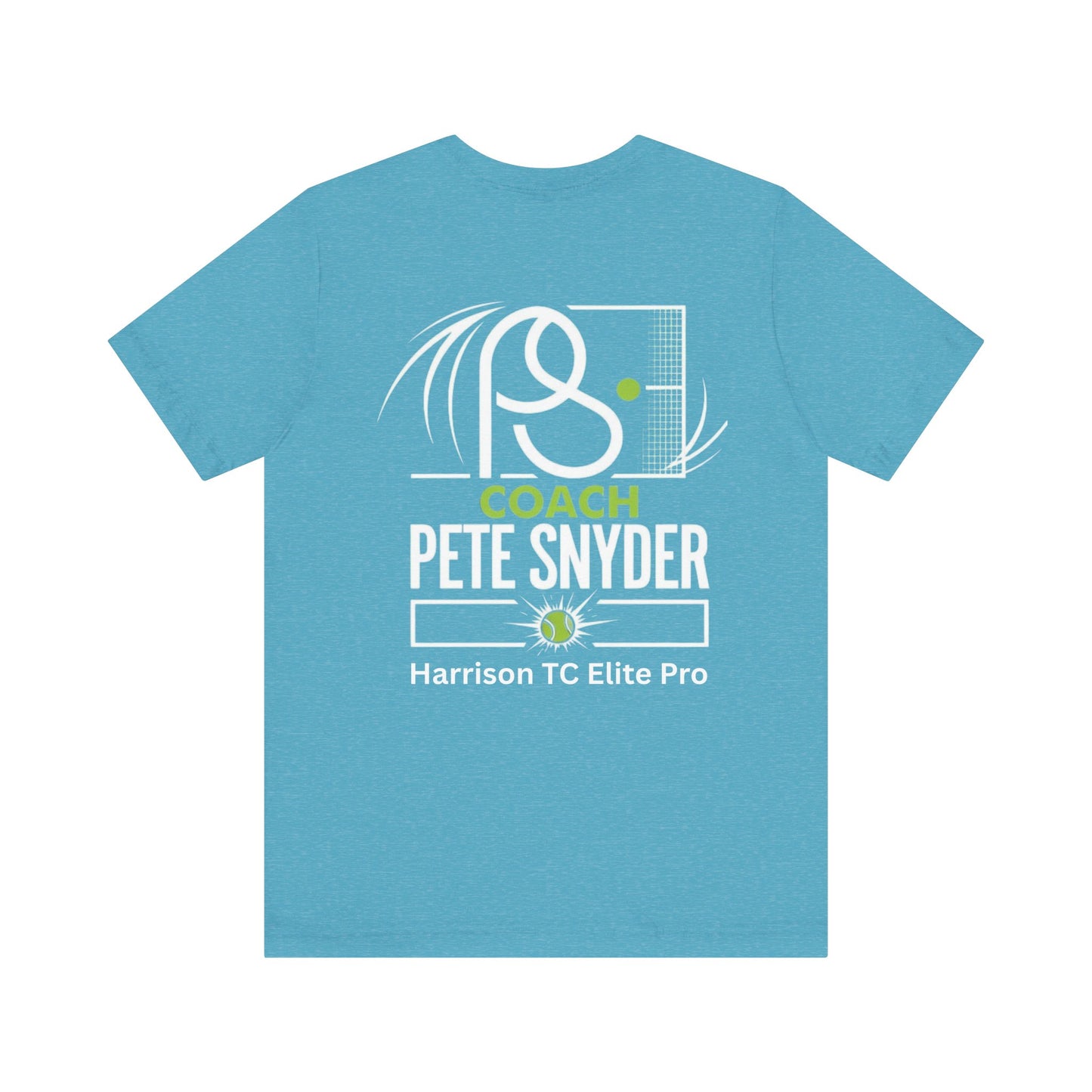 Close-up back of cyan blue Coach Pete Snyder tennis tee with racket graphic, "COACH PETE SNYDER" and "Harrison TC Elite Pro"