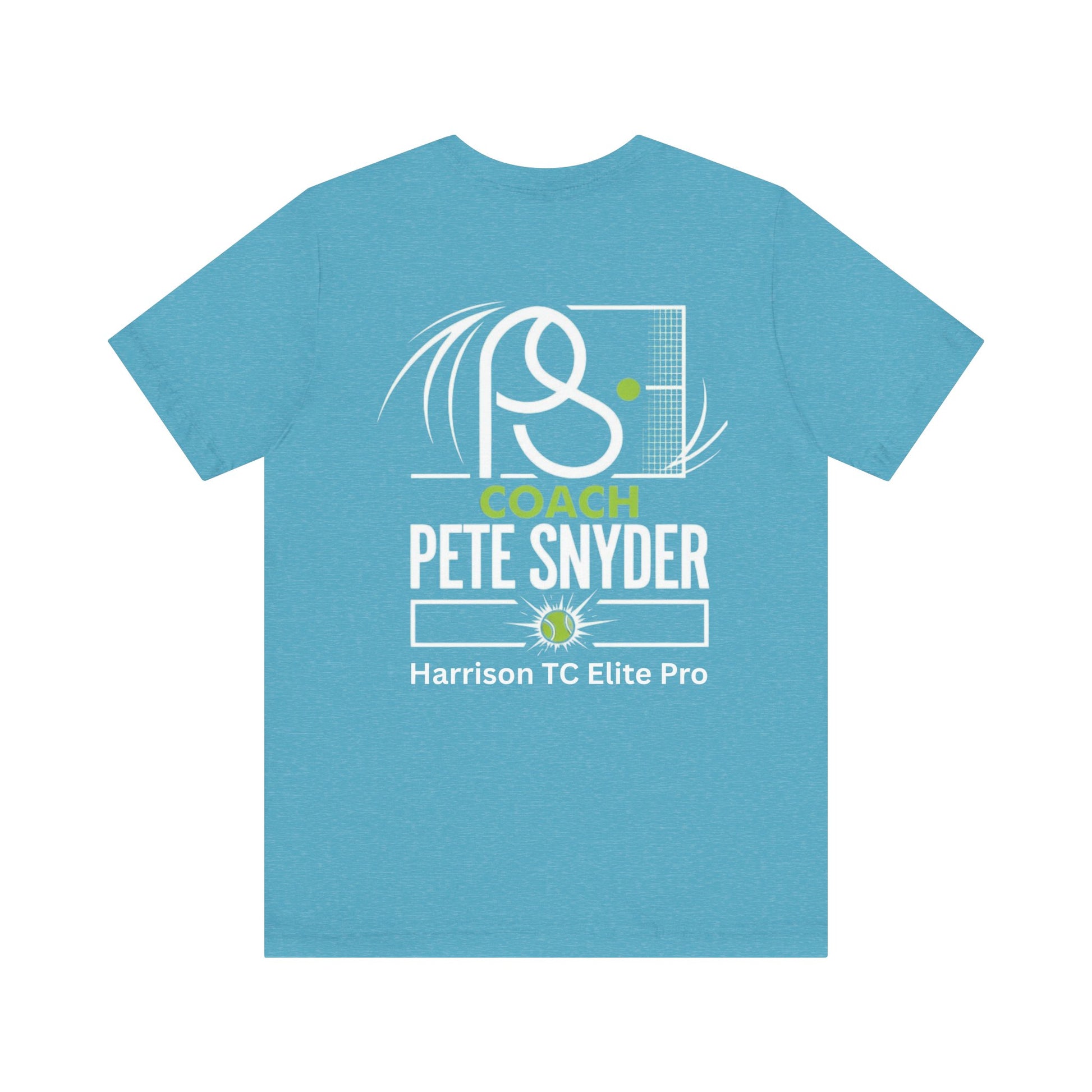 Close-up back of cyan blue Coach Pete Snyder tennis tee with racket graphic, "COACH PETE SNYDER" and "Harrison TC Elite Pro"