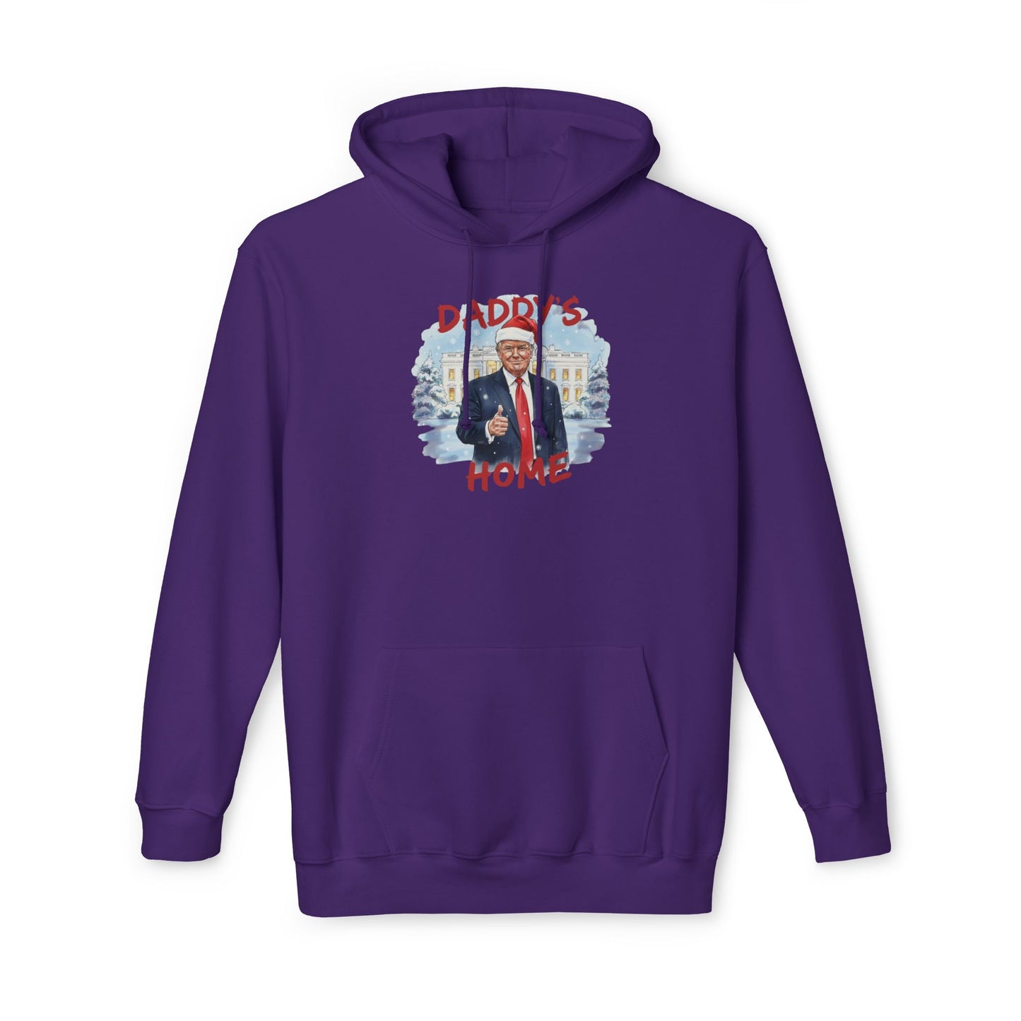Front view of red "Daddy's Home" Trump Santa hoodie, bold thumbs up holiday style
