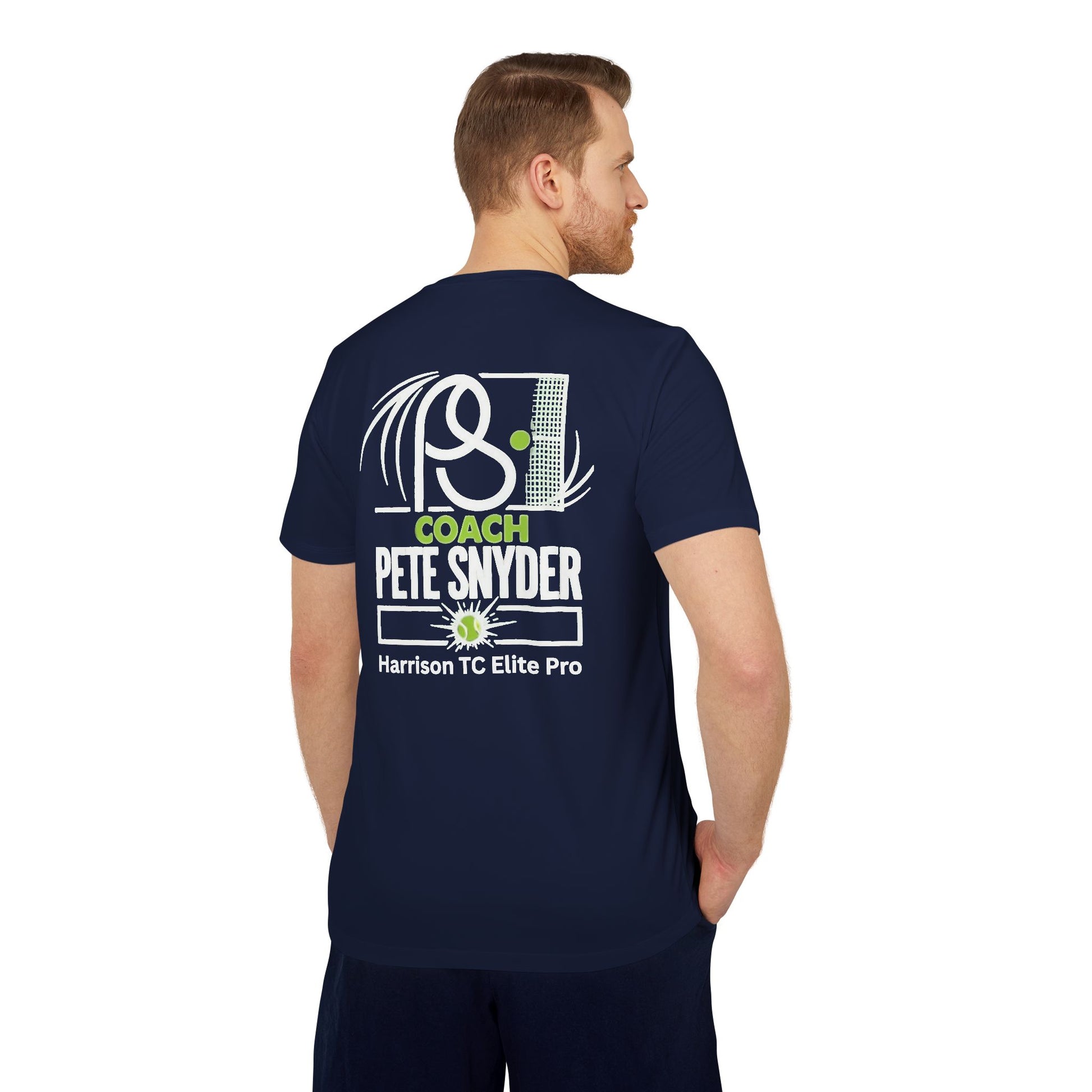Male model back in navy performance T-shirt, "COACH PETE SNYDER" arched over Harrison TC Elite Pro tennis graphic
