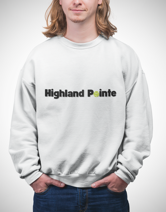 Blonde model rocking white crewneck sweatshirt with bold black "Highland Pointe" print and yellow tennis ball accent