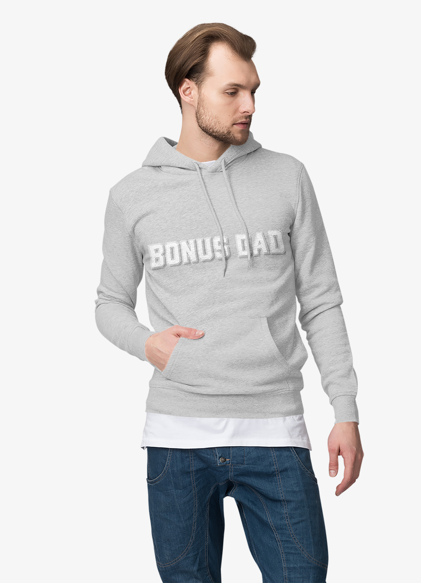 Slim model in heather grey "BONUS DAD" embossed hoodie, three-quarter view with jeans and white tee