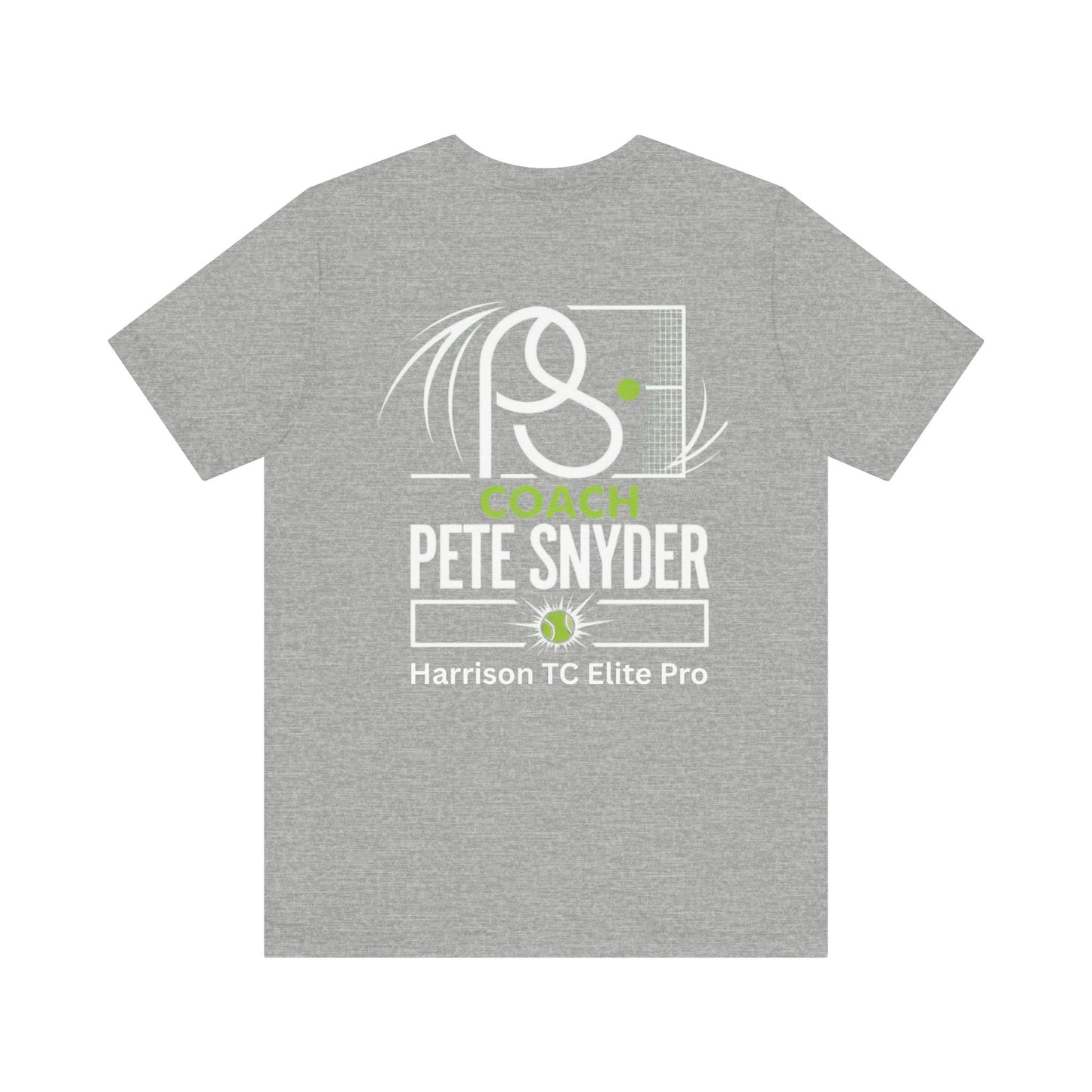 Back view of heather gray Coach Pete Snyder tennis tee with white "COACH PETE SNYDER", racket/net, and "Harrison TC Elite Pro" print