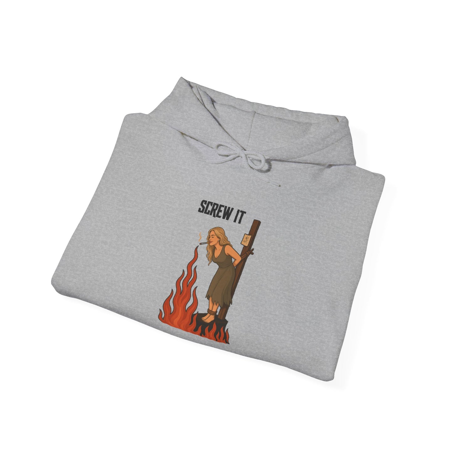 Screw It Hoodie – Funny Retro Character Flaming Witch Graphic Sweatshirt
