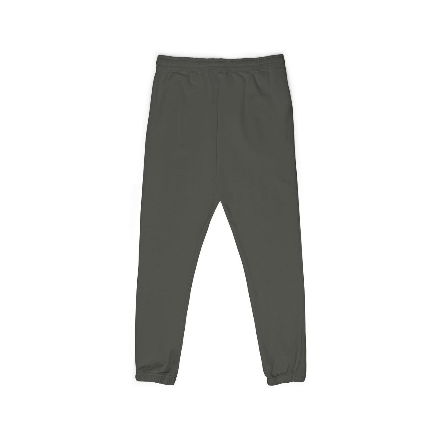 Back flat lay of muted charcoal gray fleece joggers, drawstring waist, ribbed ankle cuffs — cozy no-script vibes