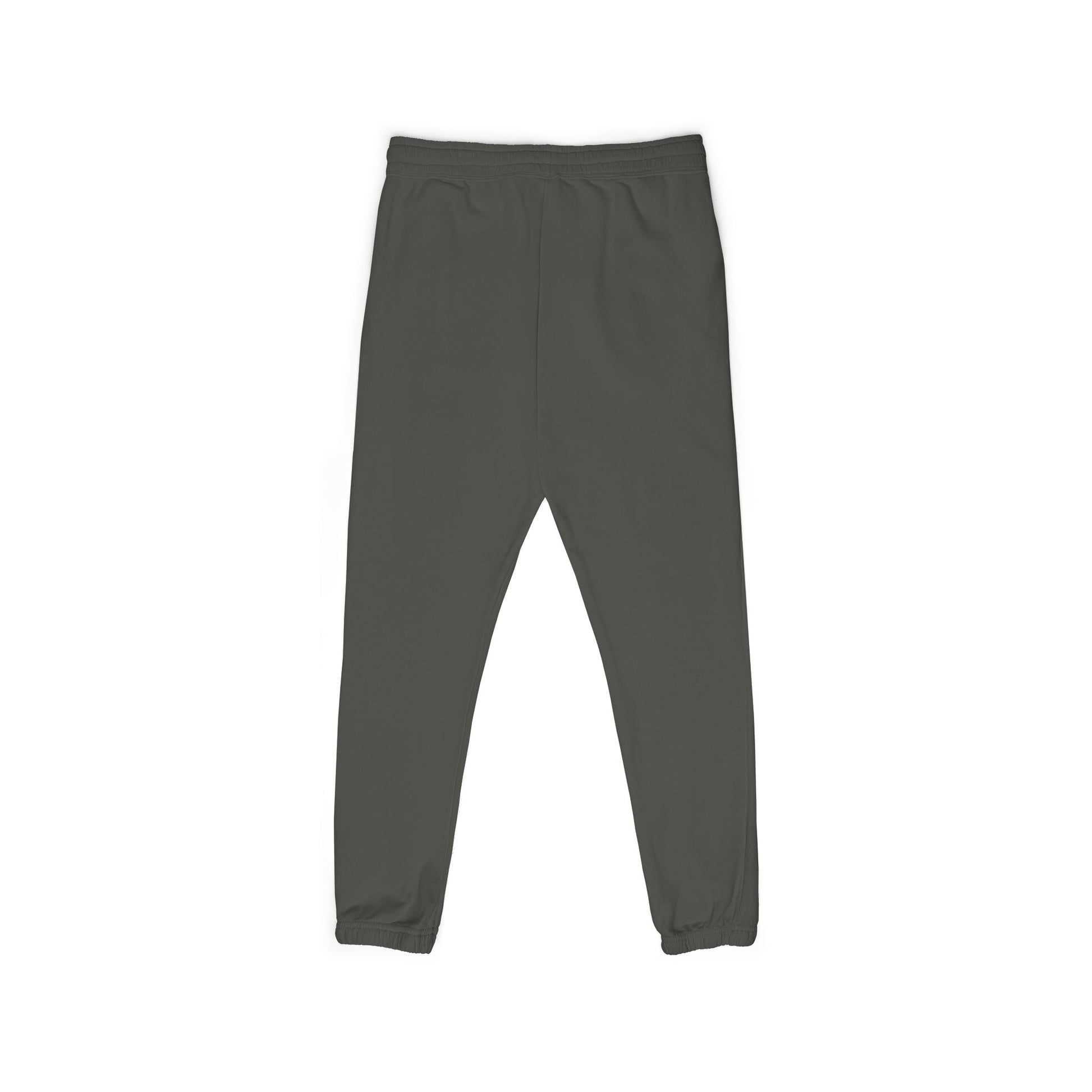Back flat lay of muted charcoal gray fleece joggers, drawstring waist, ribbed ankle cuffs — cozy no-script vibes