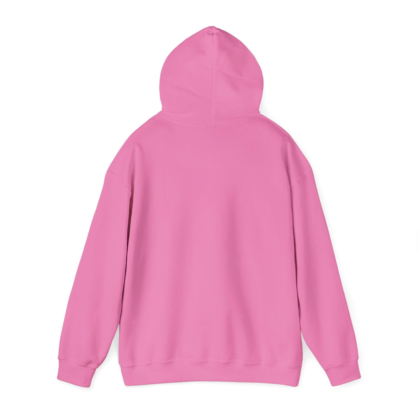 Back view of hot pink hoodie, plain with hood and long sleeves — pure cozy dev shield