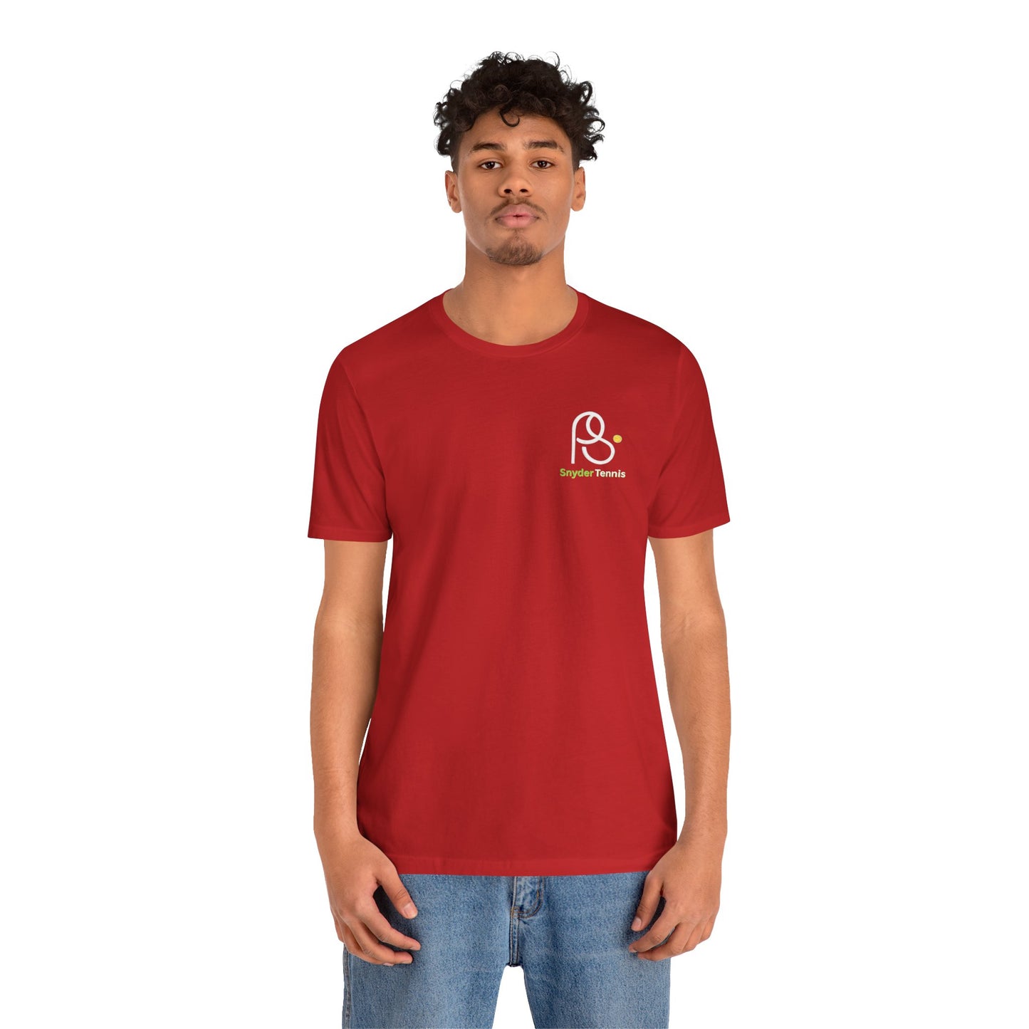 Male model front view in red Coach Pete Snyder tennis tee, small white PS logo and yellow Harrison text on chest