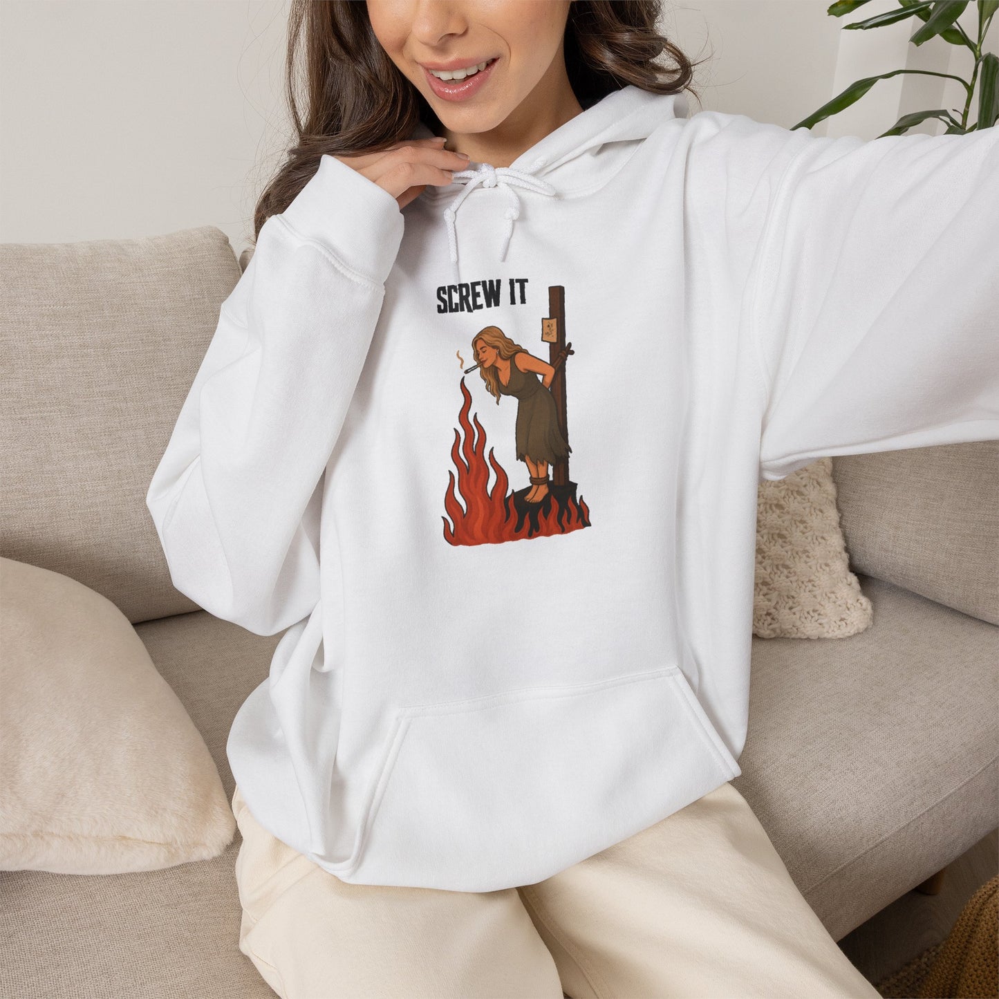 Screw It Hoodie – Funny Retro Character Flaming Witch Graphic Sweatshirt