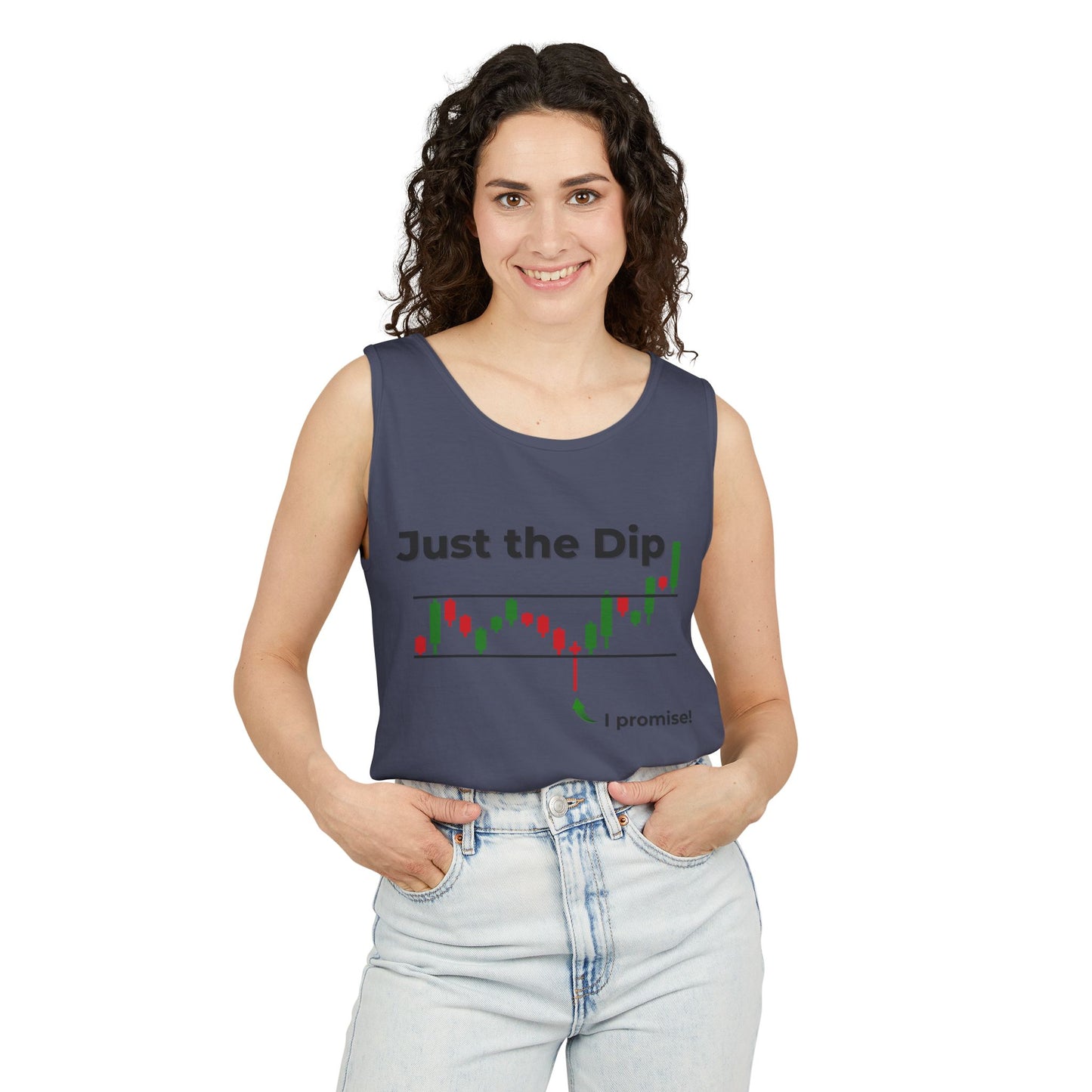 Curly-haired woman rocking navy "Just the Dip" candlestick chart tank front
