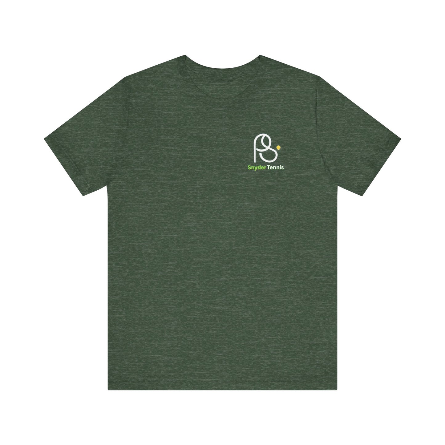 Heather forest green tee front view, white P.S. outline logo and green P.S. Tennis