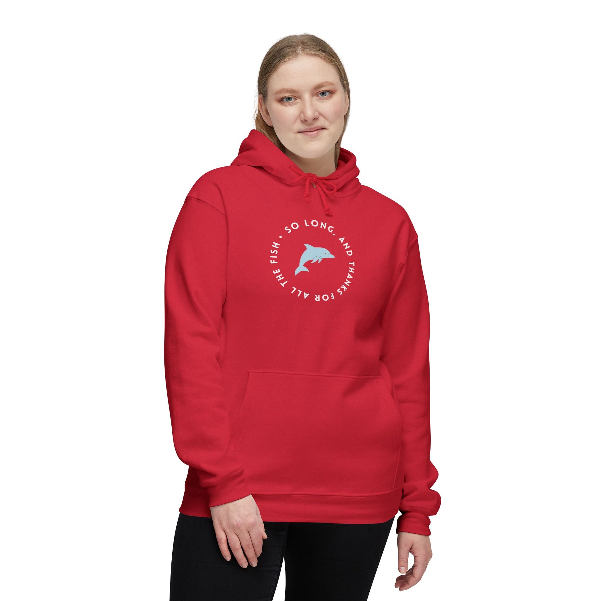 Back view of plain red hoodie, double-lined hood down, pouch pocket outline visible