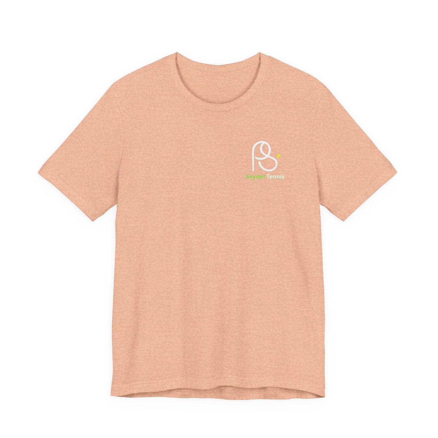 Front flat view of peach short-sleeve tee, small chest logo "P S Tennis" in white outline with green text