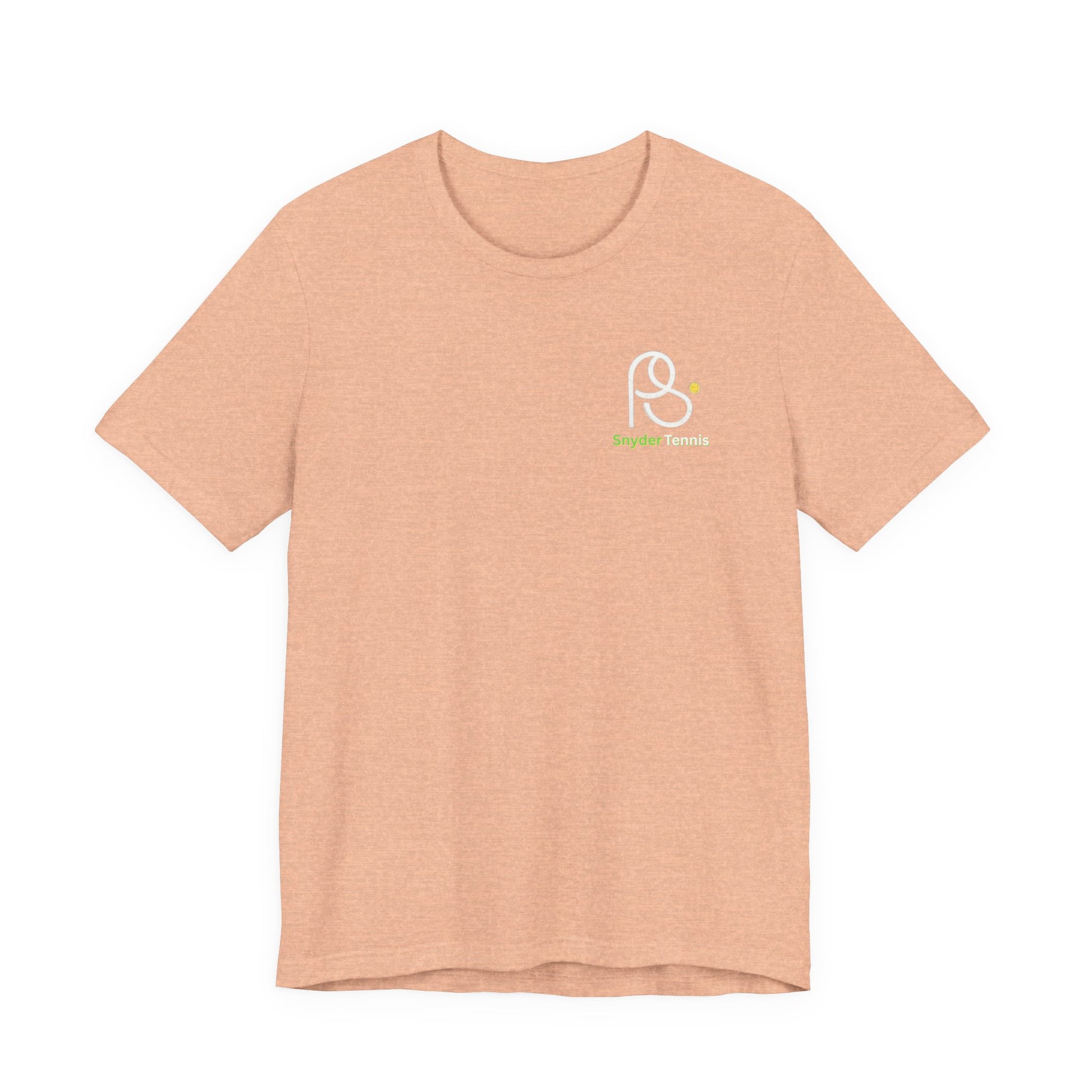 Front flat view of peach short-sleeve tee, small chest logo "P S Tennis" in white outline with green text
