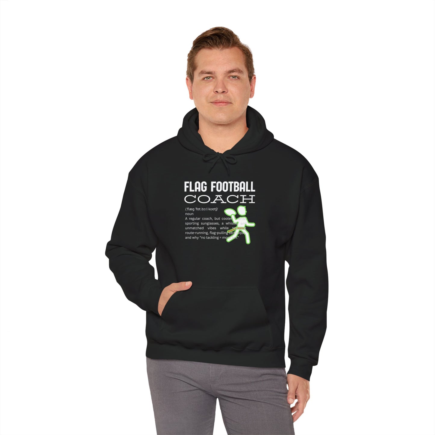Male model front view owning black Flag Football Coach hoodie, white text and neon green flag football graphic