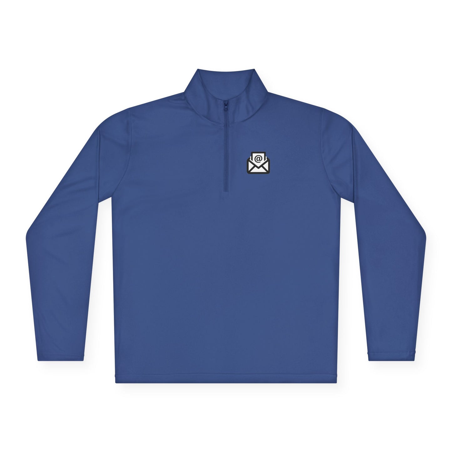 Front view of royal blue quarter-zip pullover showing white envelope emblem on chest