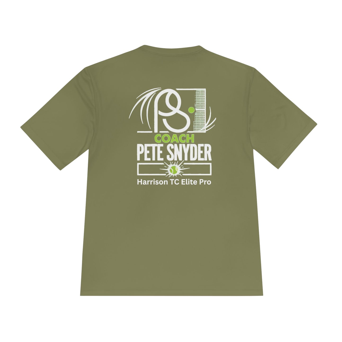 Back view of green tee: white Coach Pete Snyder, tennis racket outline with green highlights, Harrison TC Elite Pro