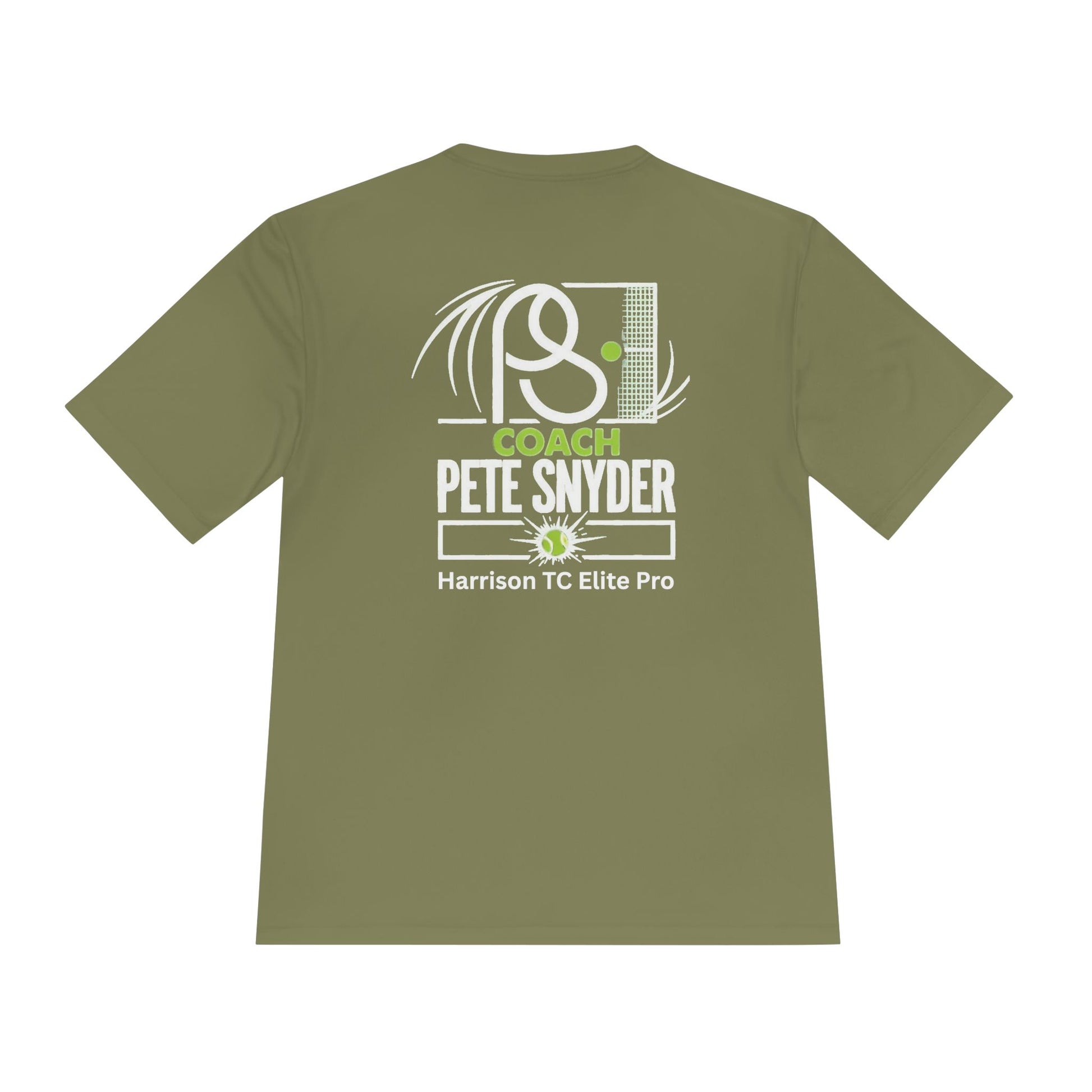 Back view of green tee: white Coach Pete Snyder, tennis racket outline with green highlights, Harrison TC Elite Pro