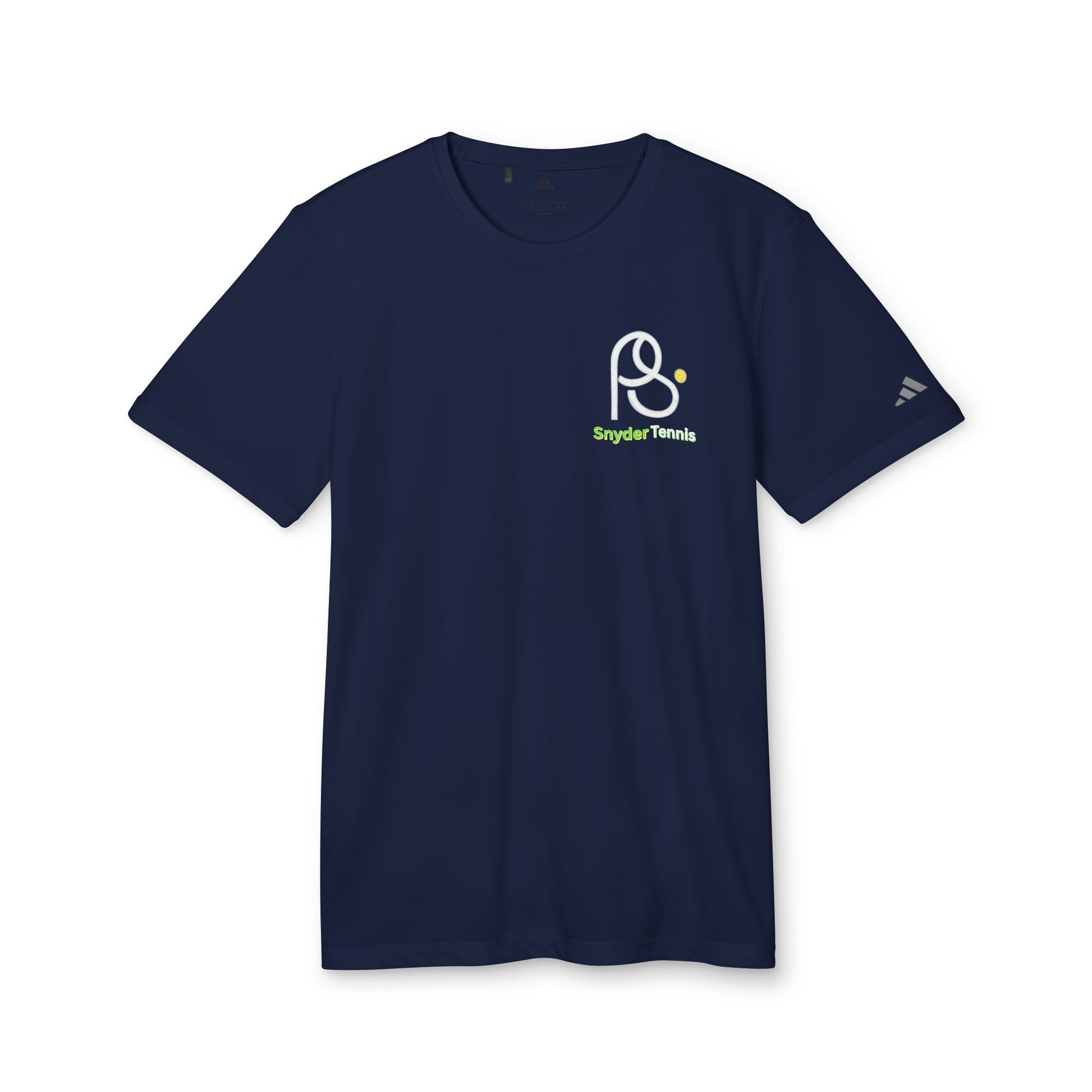 Front view of navy blue Coach Pete Snyder adidas tee, crisp PS logo and green Snyder Tennis text