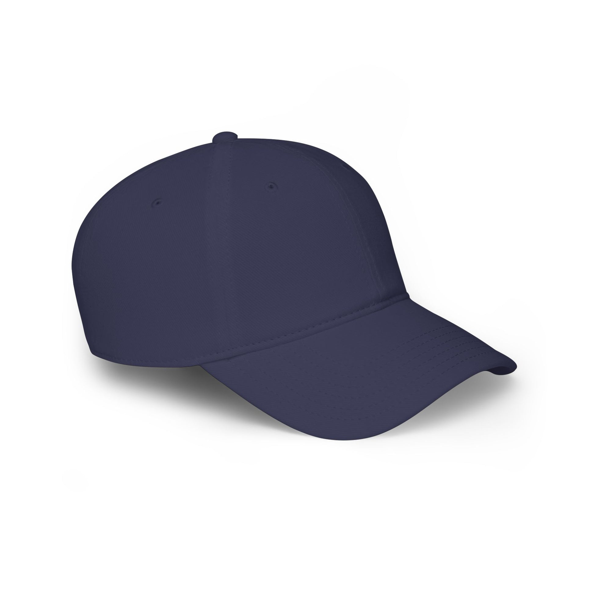 Dark navy unstructured baseball cap, front-right side view with curved brim and low-profile crown