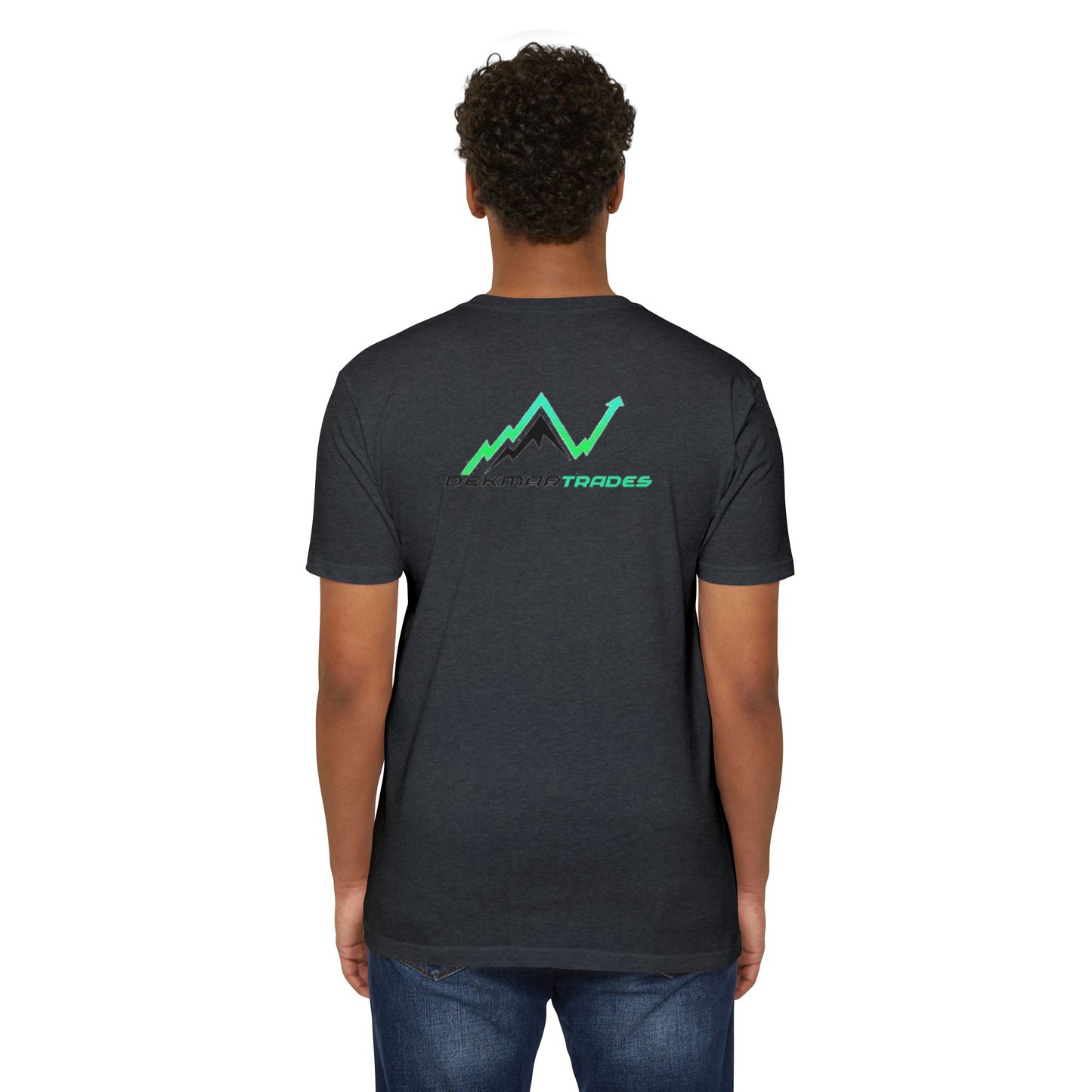 Female back view heather charcoal t-shirt, green Dekman Trades up-arrow peak design