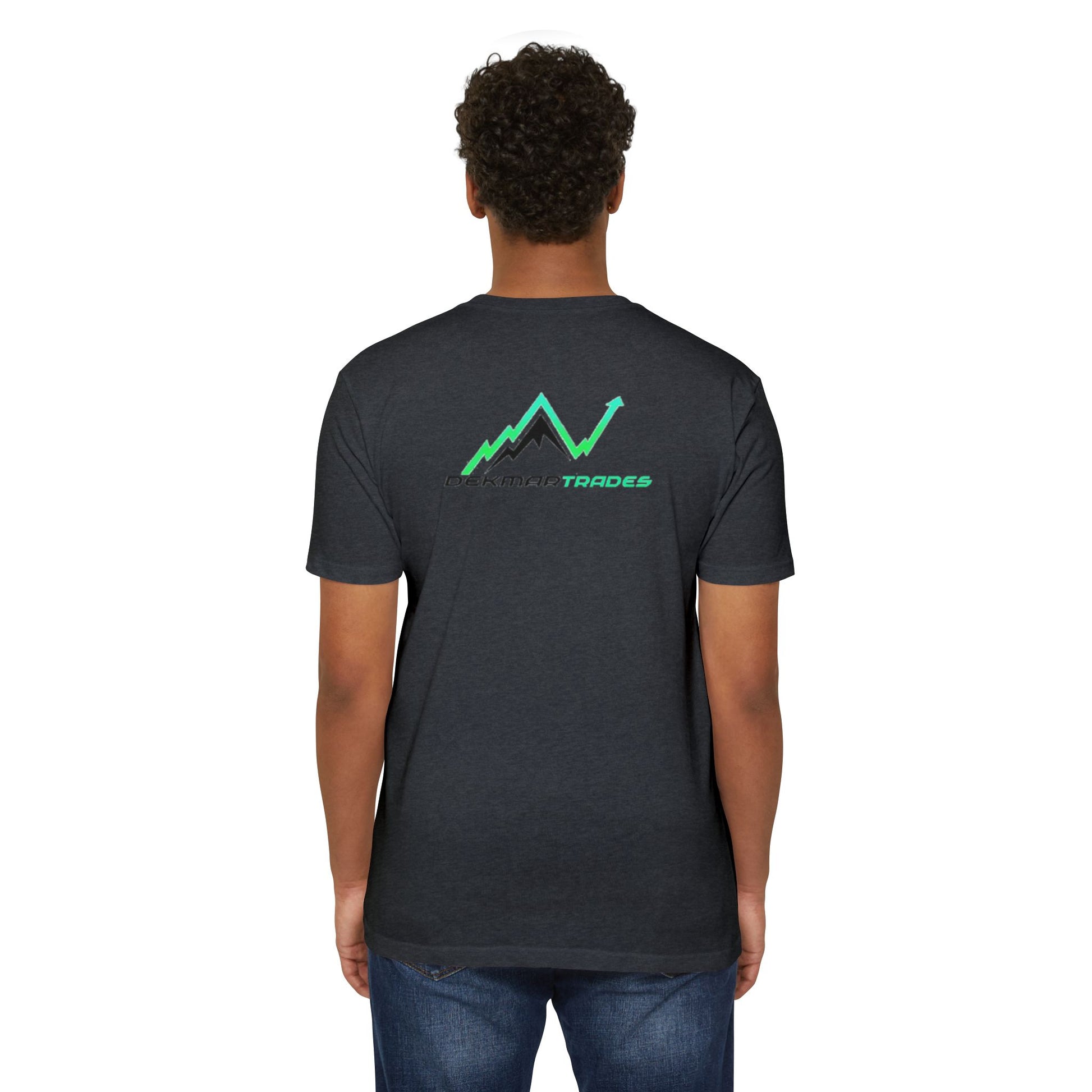 Female back view heather charcoal t-shirt, green Dekman Trades up-arrow peak design