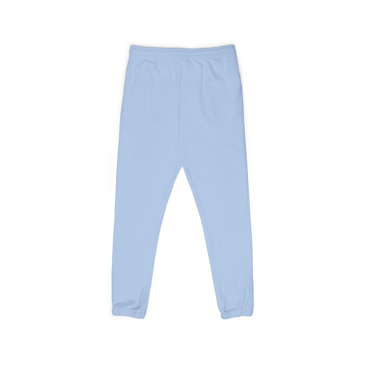 Front flat lay of light blue garment-dyed Zeta sweatpants, drawstring waist, relaxed jogger fit