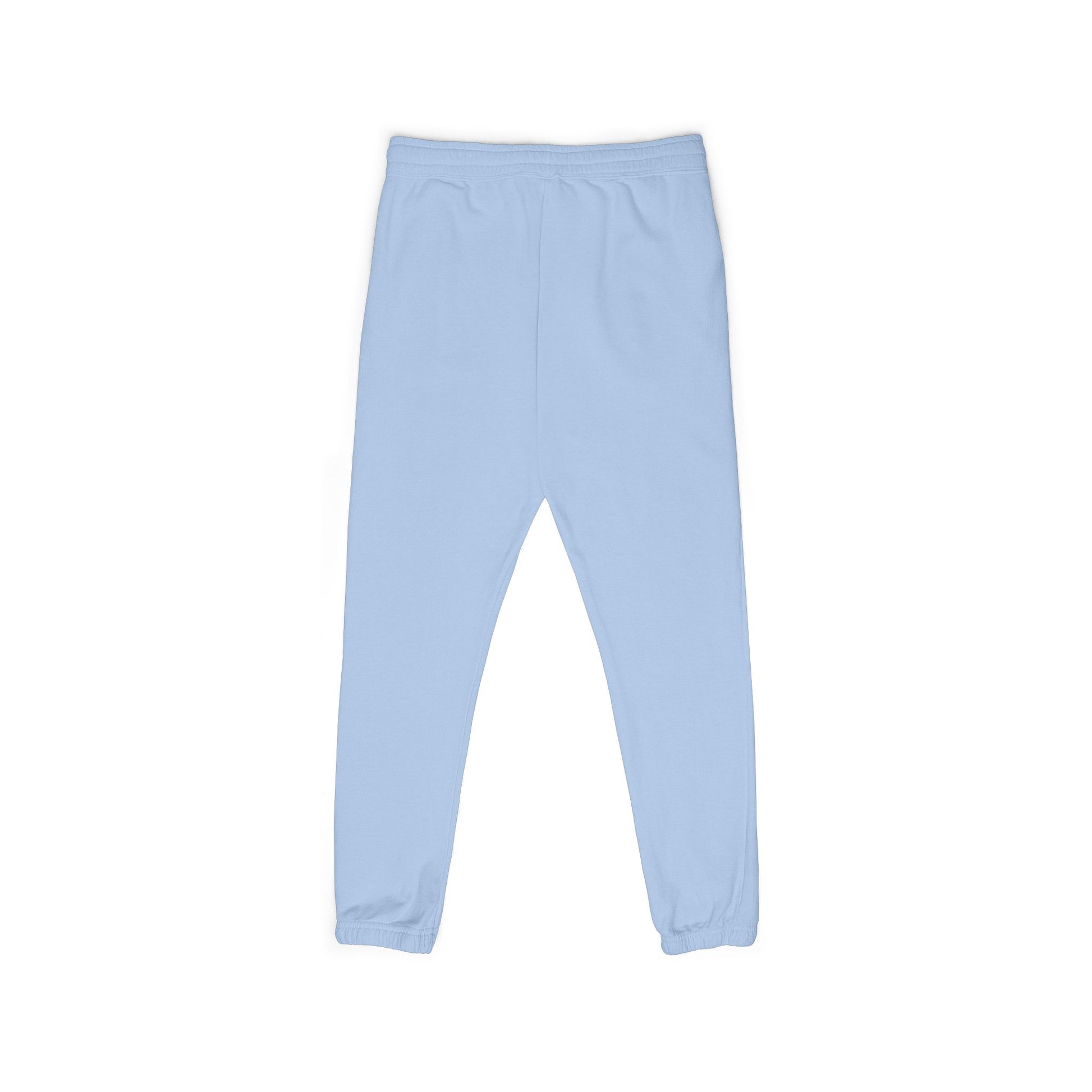 Front flat lay of light blue garment-dyed Zeta sweatpants, drawstring waist, relaxed jogger fit