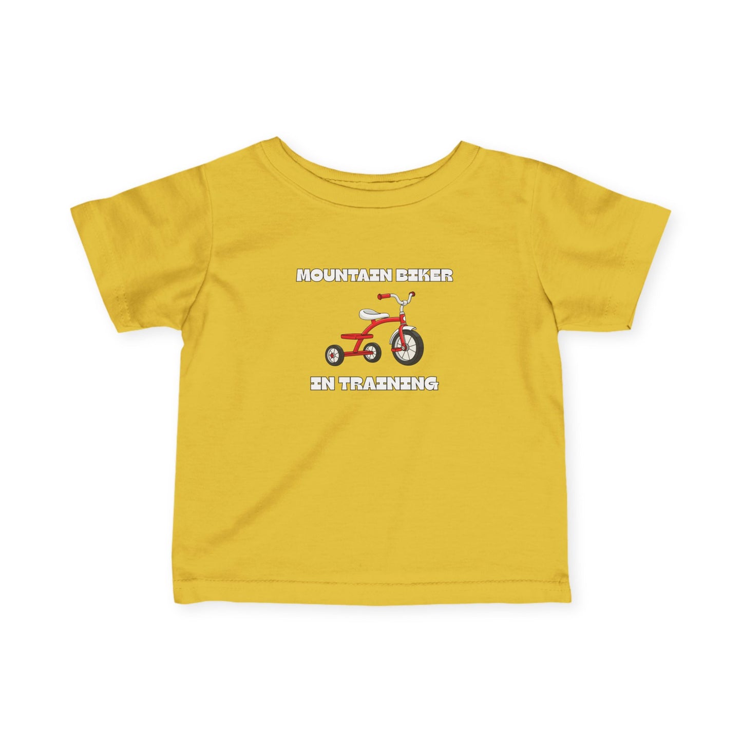 Yellow 'Mountain Biker in training' red tricycle infant tee - front view