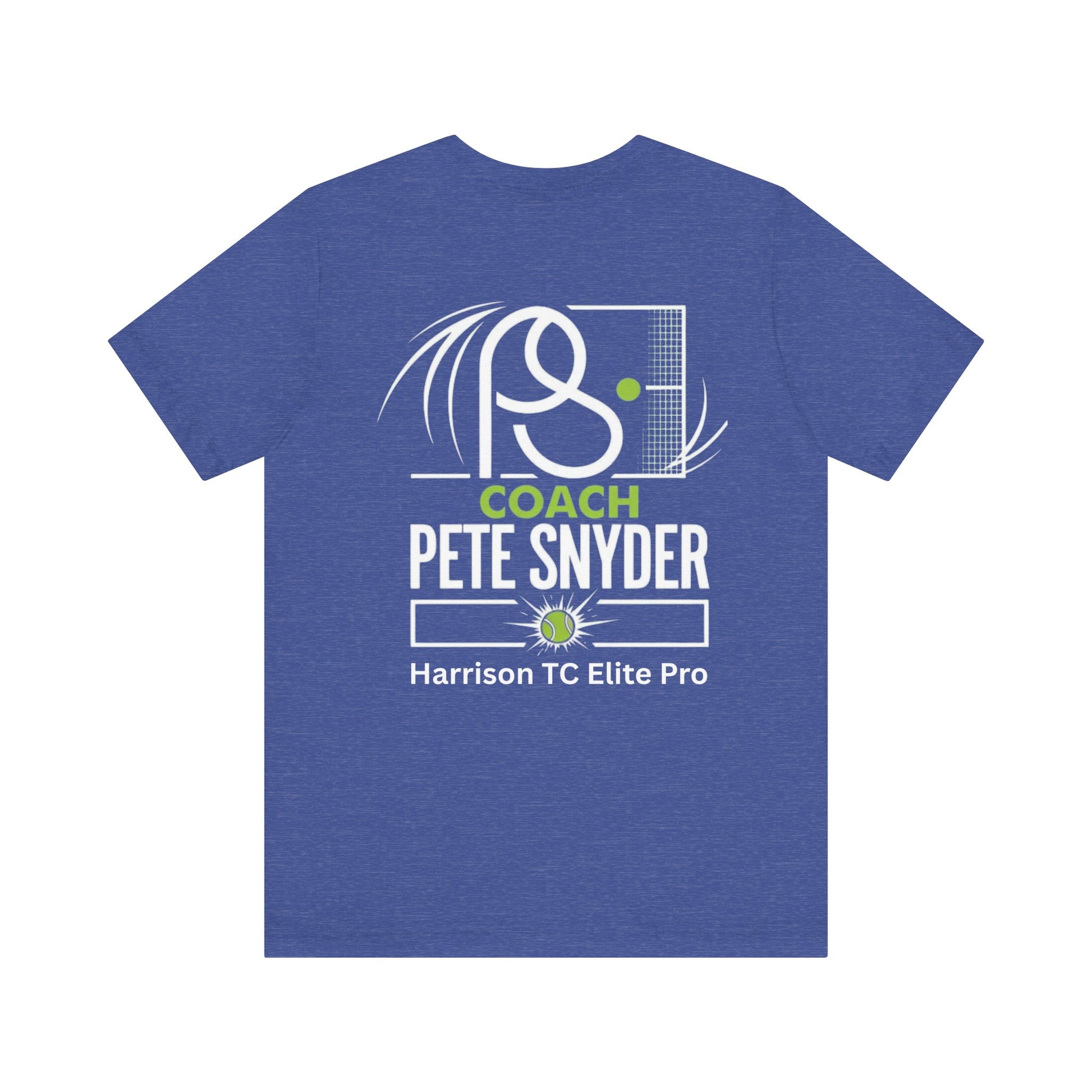 Flat back of heather navy Coach Pete Snyder tee, large white/green tennis racket/net design, "COACH PETE SNYDER Harrison TC Elite Pro"