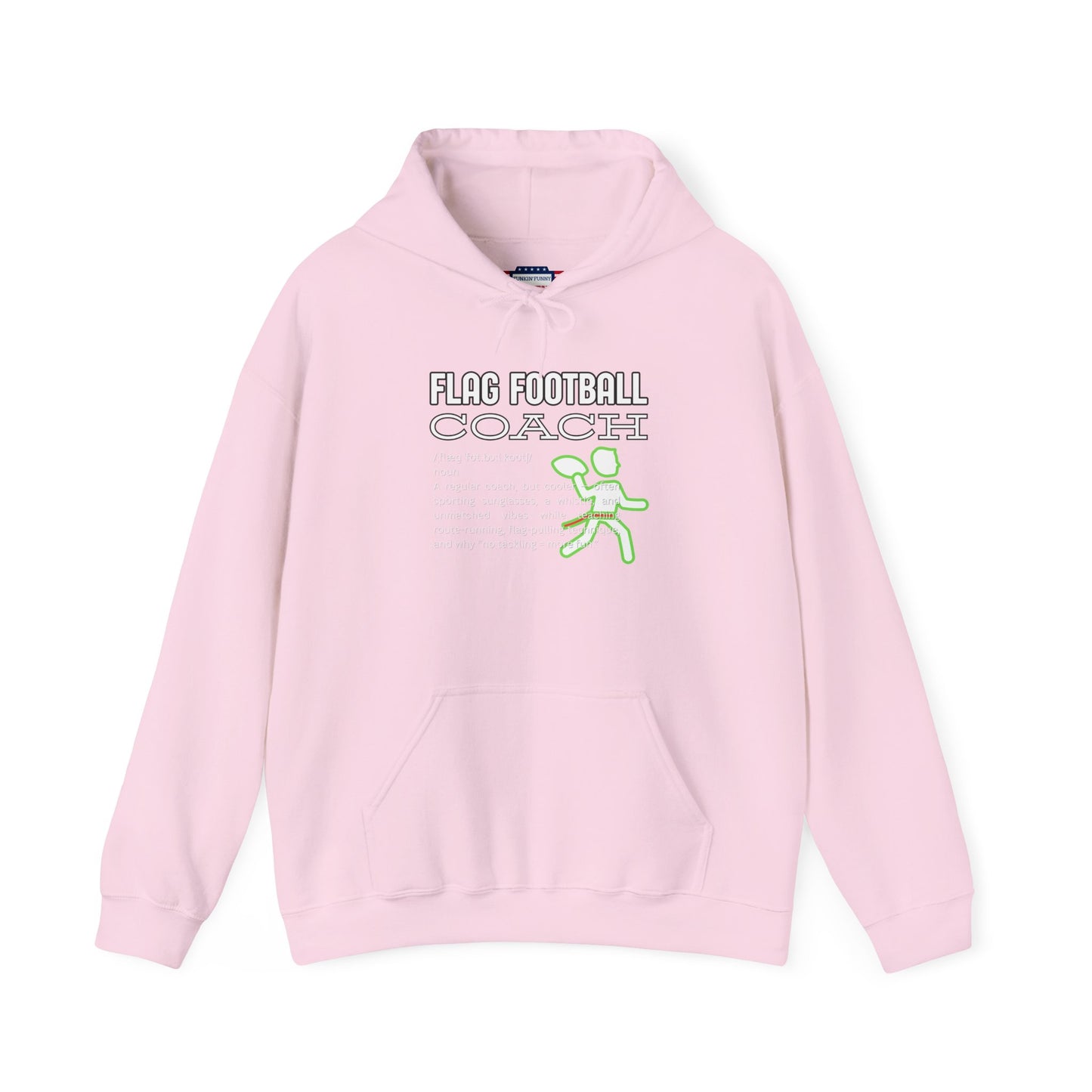 Front view of light pink Flag Football Coach hoodie with gray outline text, neon green runner graphic