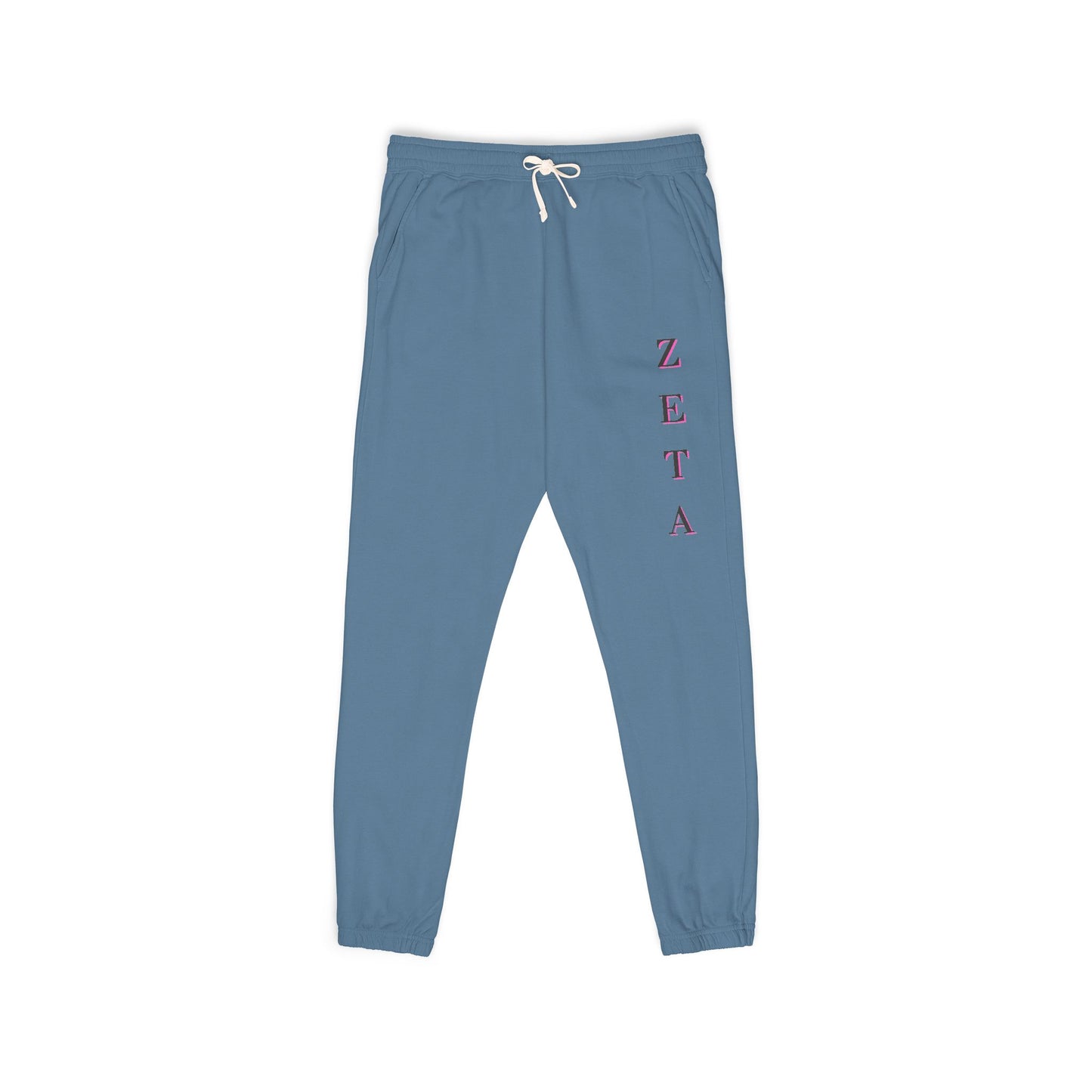 Front view of medium blue Zeta Vertical Script sweatpants, magenta ZETA vertical script