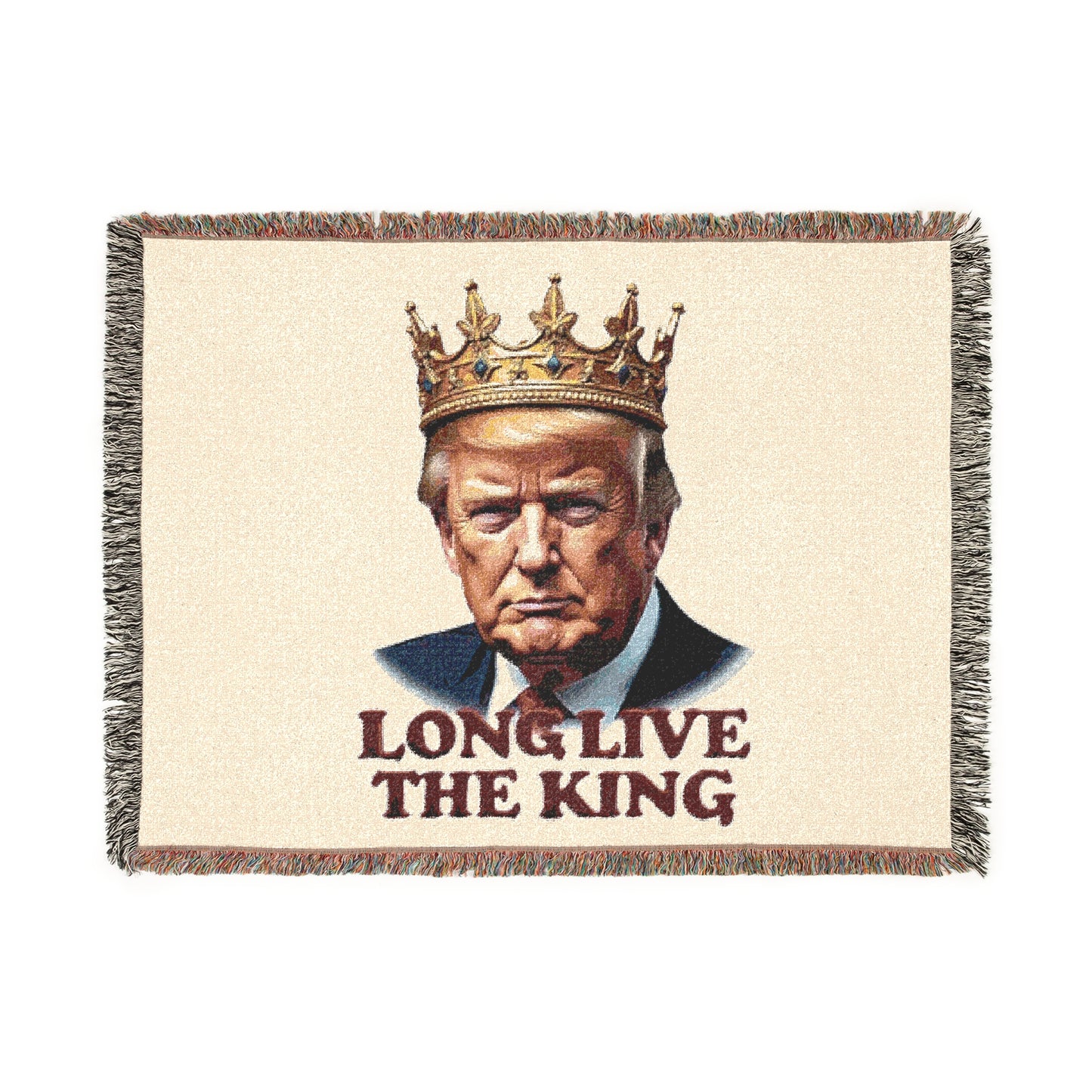 Tan front of Trump 'Long Live the King' woven blanket, realistic portrait with crown, bold text, textured weave, fringed borders